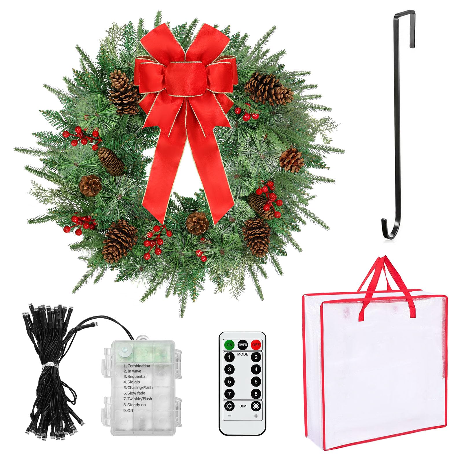 Decoraciones de corona de Navidad de 24 pulgadas, coronas artificiales con 50 luces LED, 8 modos y temporizador, funciona con pilas, 144 puntas de PVC, lazo rojo grande, conos de pino, bayas para