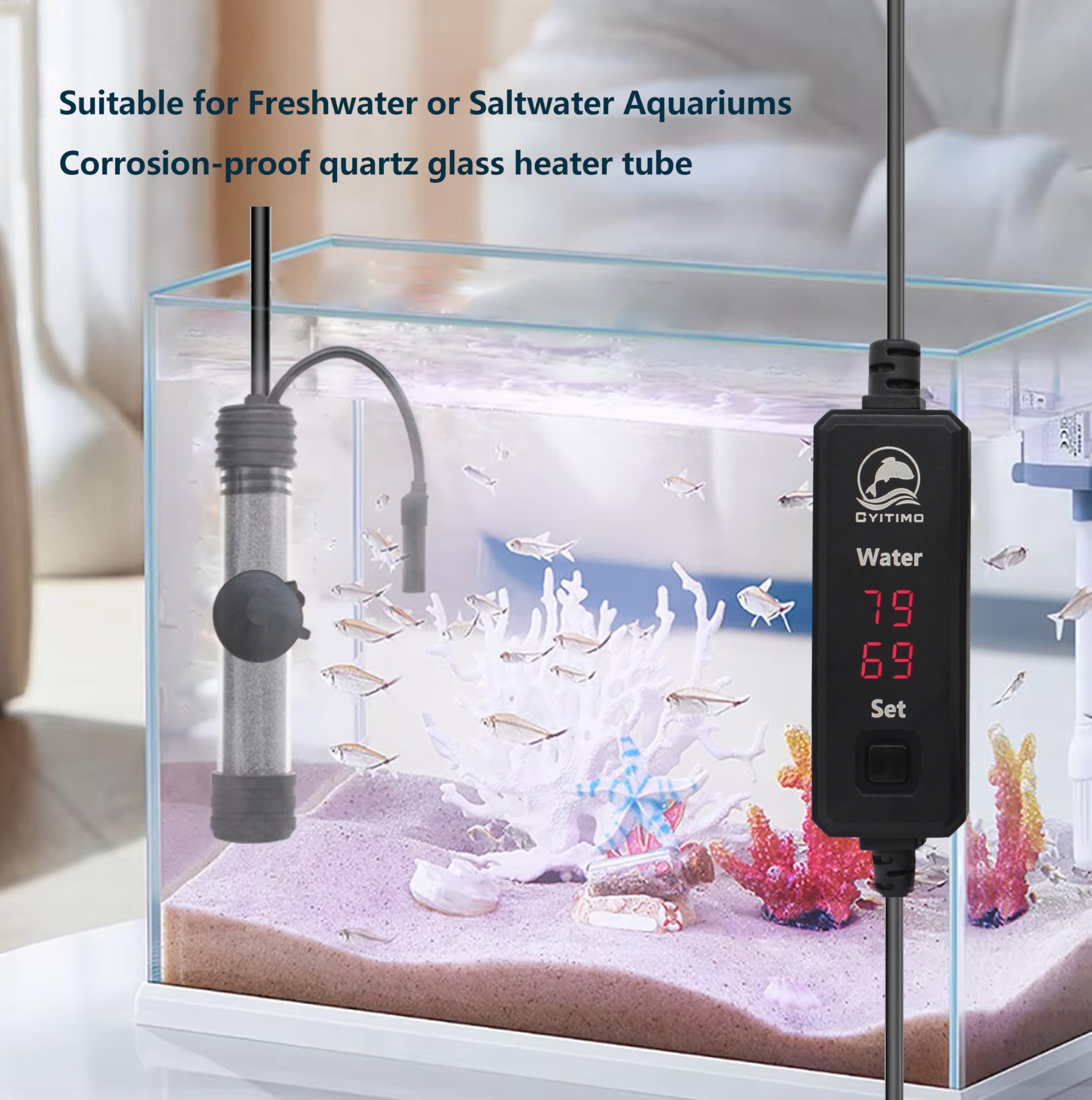 Petit chauffage d'aquarium submersible de 150 W avec sonde de température intelligente et contrôleur de température à double affichage LED pour 78 à 125 litres, convient pour l'eau salée et l'eau