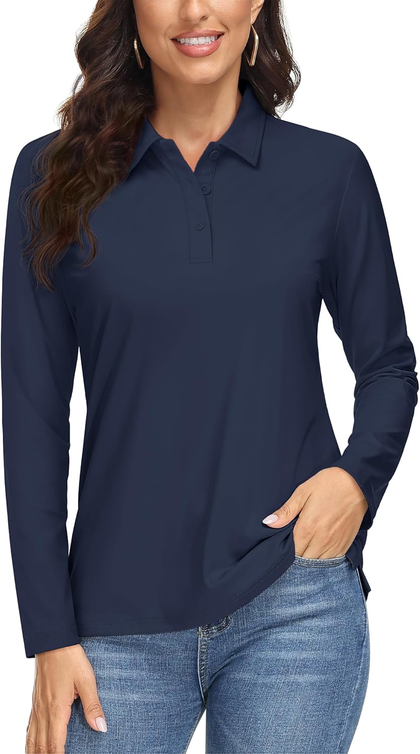MAGCOMSEN Women’s Long Sleeve Polo Shirts UPF 50+ Golf Tops Moisture Wicking Collared Shirt Tennis 3-Button
