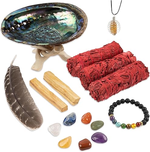 Wish Well Kit de manchas de salvia 3 palitos de salvia lavanda, 2 palitos de Palo Santo, concha de abulón, soporte, pluma, 7 piedras de chakra y