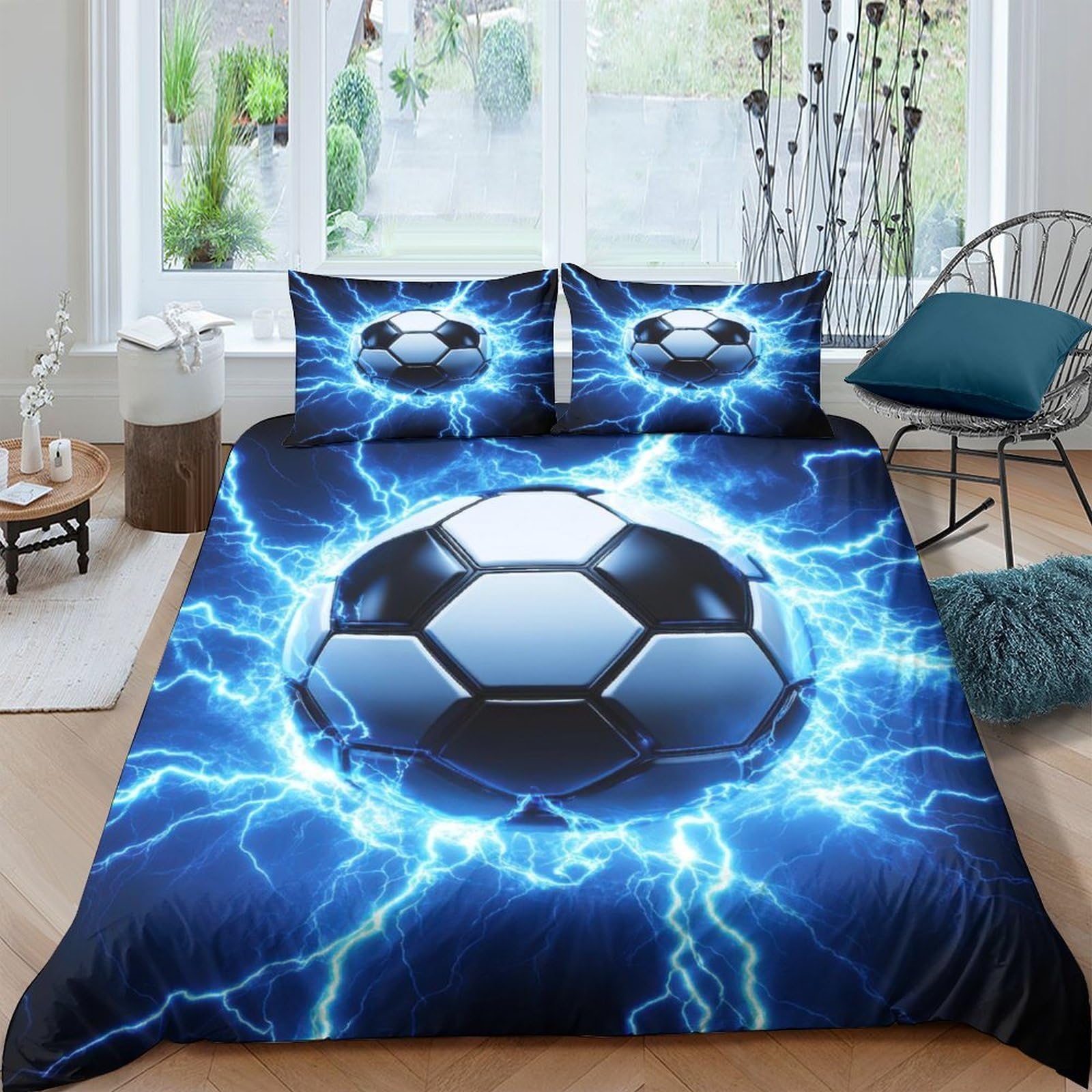 Ctjqhvkz Style-6 3D Printed Blue Lightning Soccer Fitted Sheet Microfiber Soft Bed Cover For Bedroom Guest Room Mattress Protection Single（135X200cm）