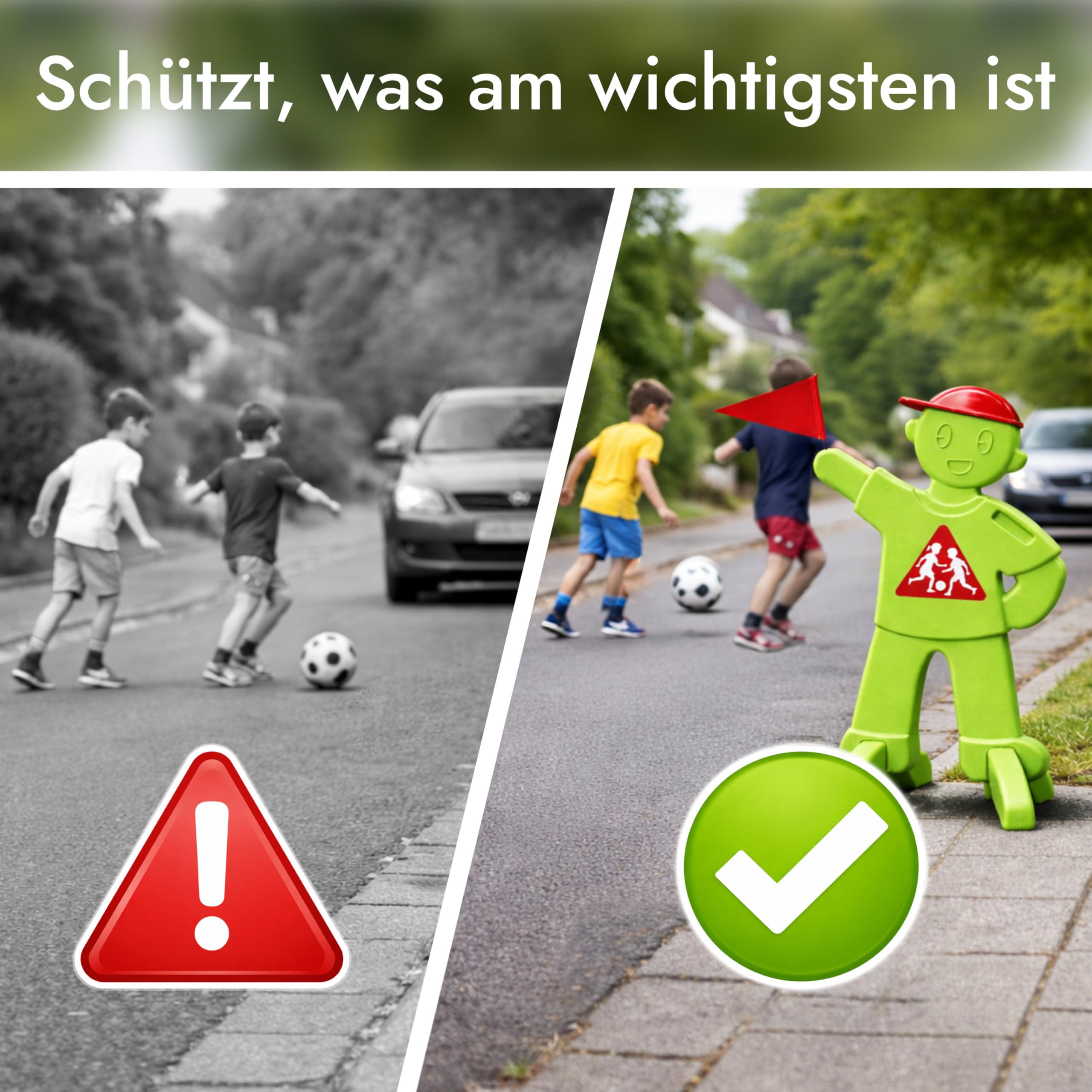 PlaySafe – Kinder Warnfigur mit Fahne | Warnschild Achtung spielende Kinder | Reflektierender Verkehrswarn-Aufsteller | Langsam Fahren (Grün)