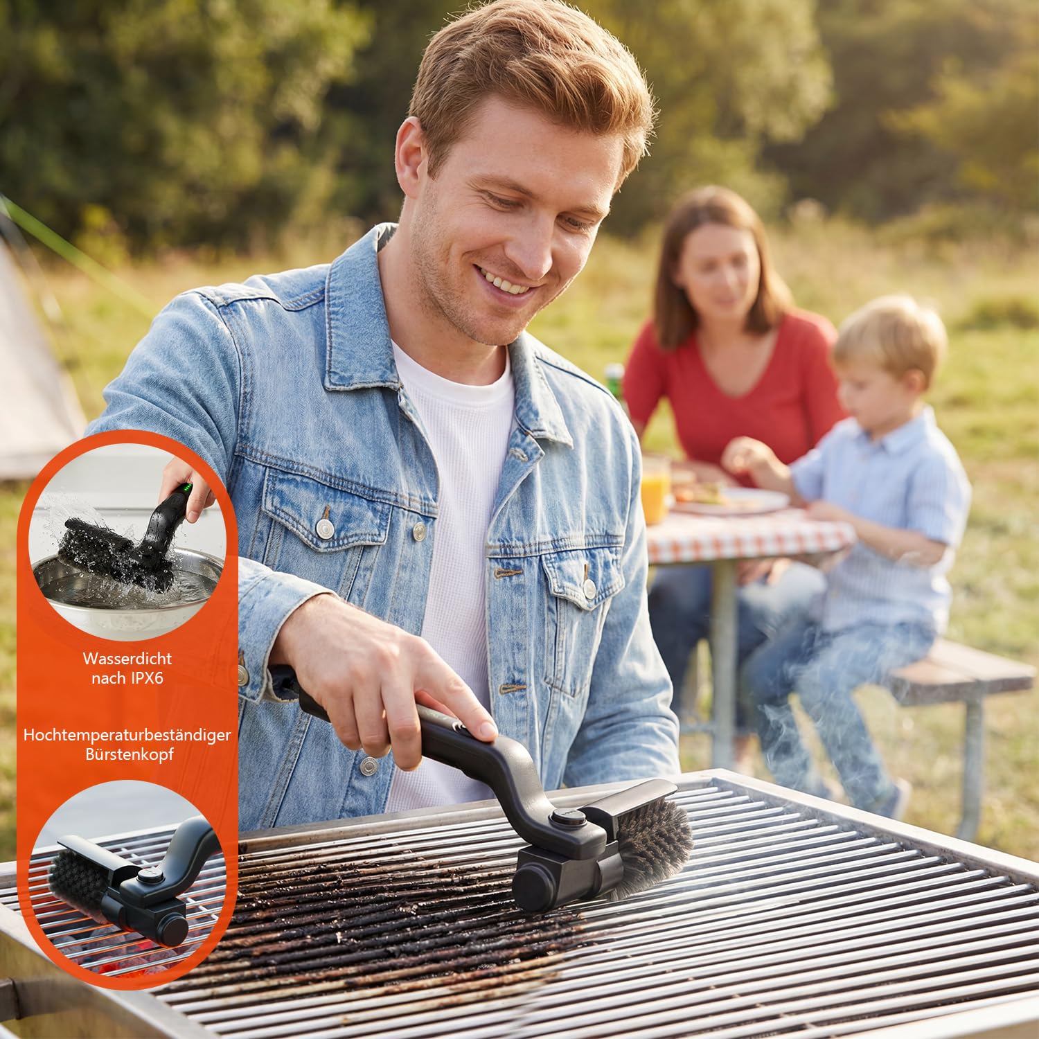 Elektrische Grillbürste：Akku-Betrieben, 180° Verstellbarem Winkel, 3-Stufen Reinigung, Edelstahl-Bürstenkopf, 90 Min Laufzeit, für Gasgrill, Holzkohlegrill, Kugelgrill, Elektrogrill und Grillrost
