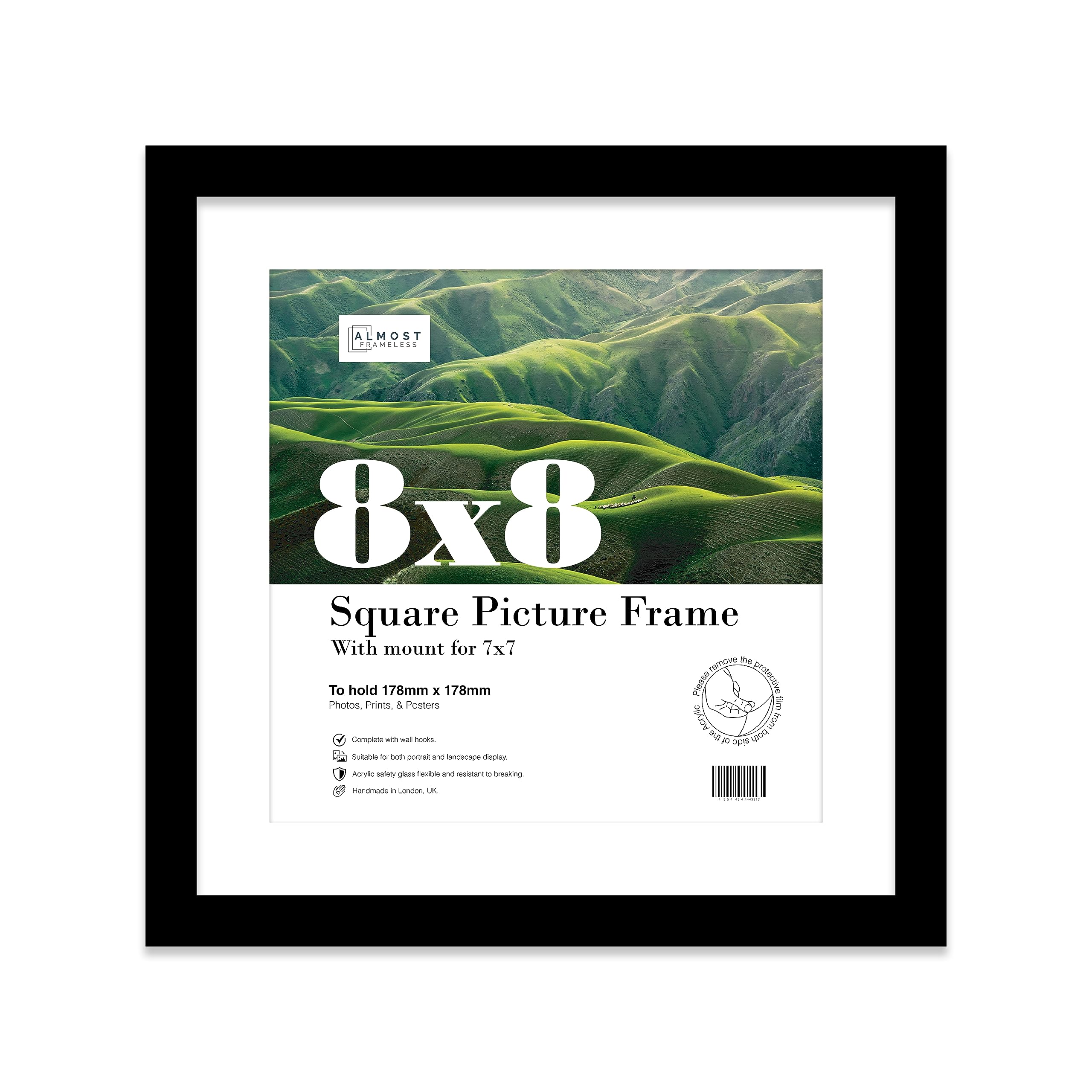 Almost Frameless 8x8 Picture Frame, Display Pictures 7x7 With Mat or 8x8 Without Mat, Wall Hanging & Free Standing Photo Frame, Black, 1 Pack