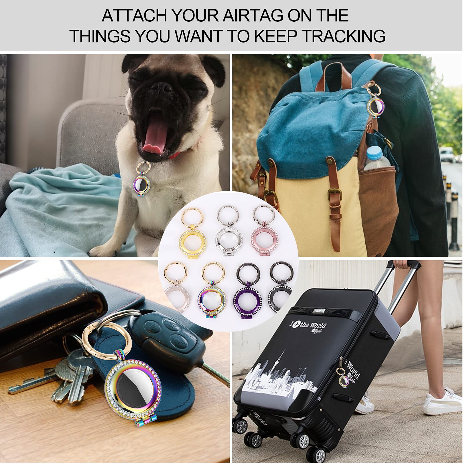 AirTag-houder, strass medaillon sleutelhanger metaal AirTag-hoes met sleutelhanger, compatibel met Apple Air Tag GPS-tracker, Metaal