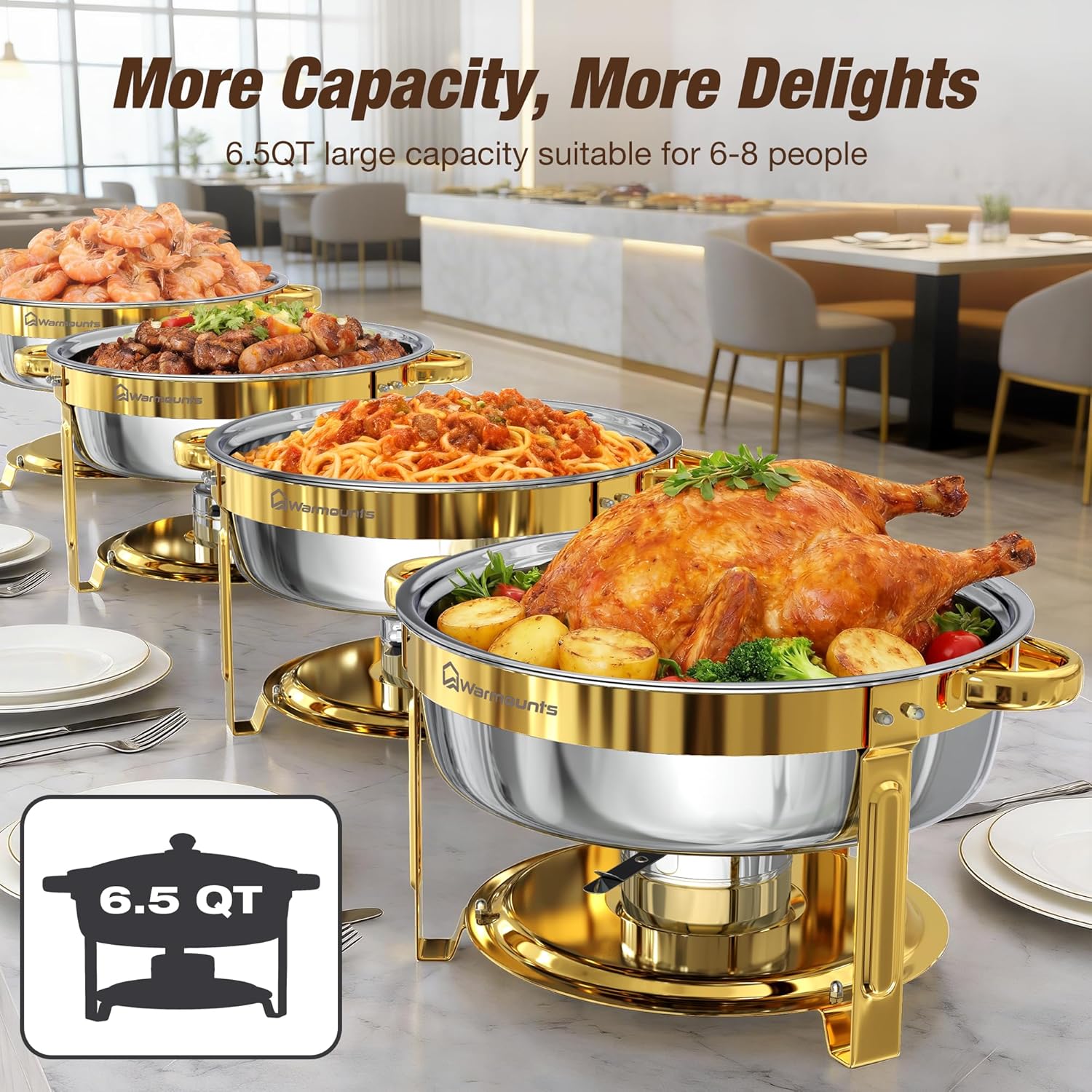 WARMOUNTS 6.5QT Gold Chafing Dishes for Buffet 6 Pack, Stainless Steel Round Chafers and Buffet Warmers Sets with Glass Lid & Lid Holder, Stackable Design, for Catering Events, Parties, Weddings