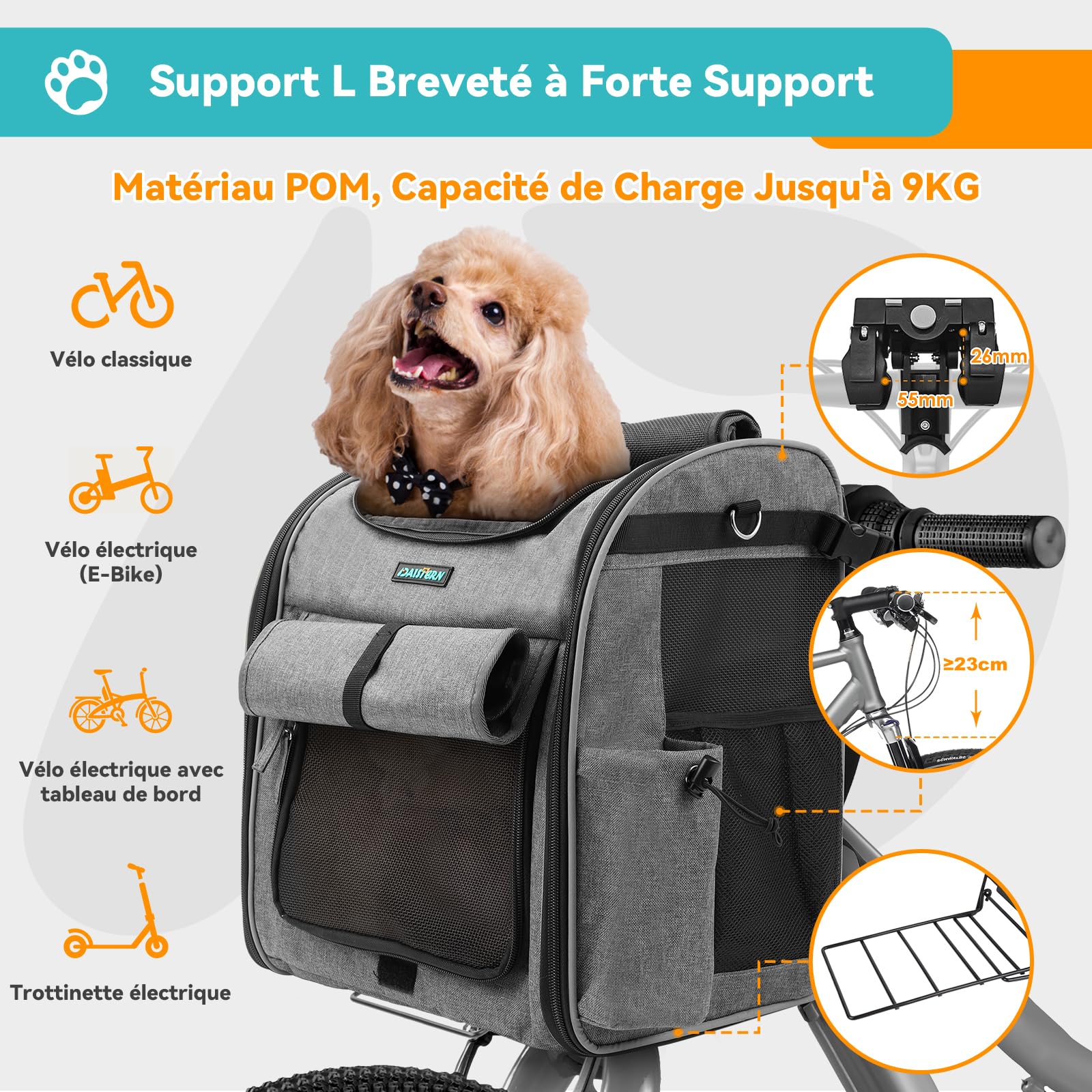 Panier de Vélo Avant pour Chiens Chats jusqu'à 10KG avec L Support Robuste Φ55mm, Sac à Dos Animaux de Compagnie, Fermeture Éclair SBS, Fenêtres en Maille Respirantes, Coussin Imperméable