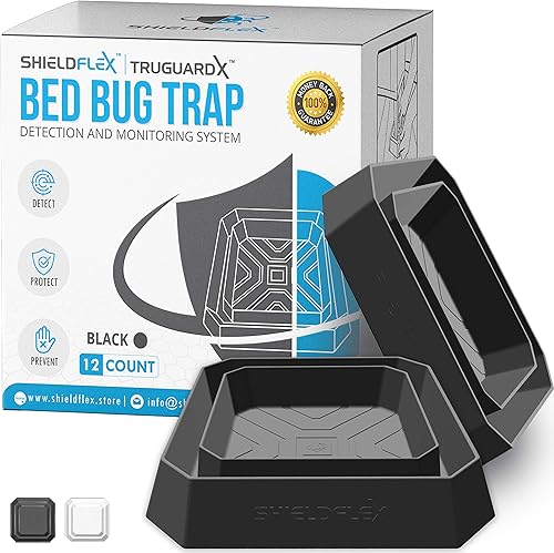 Trampa para insectos de cama, paquete de 12  TruGuard X Interceptores de insectos de cama (negro)  Trampas ecológicas para patas de cama  Detector
