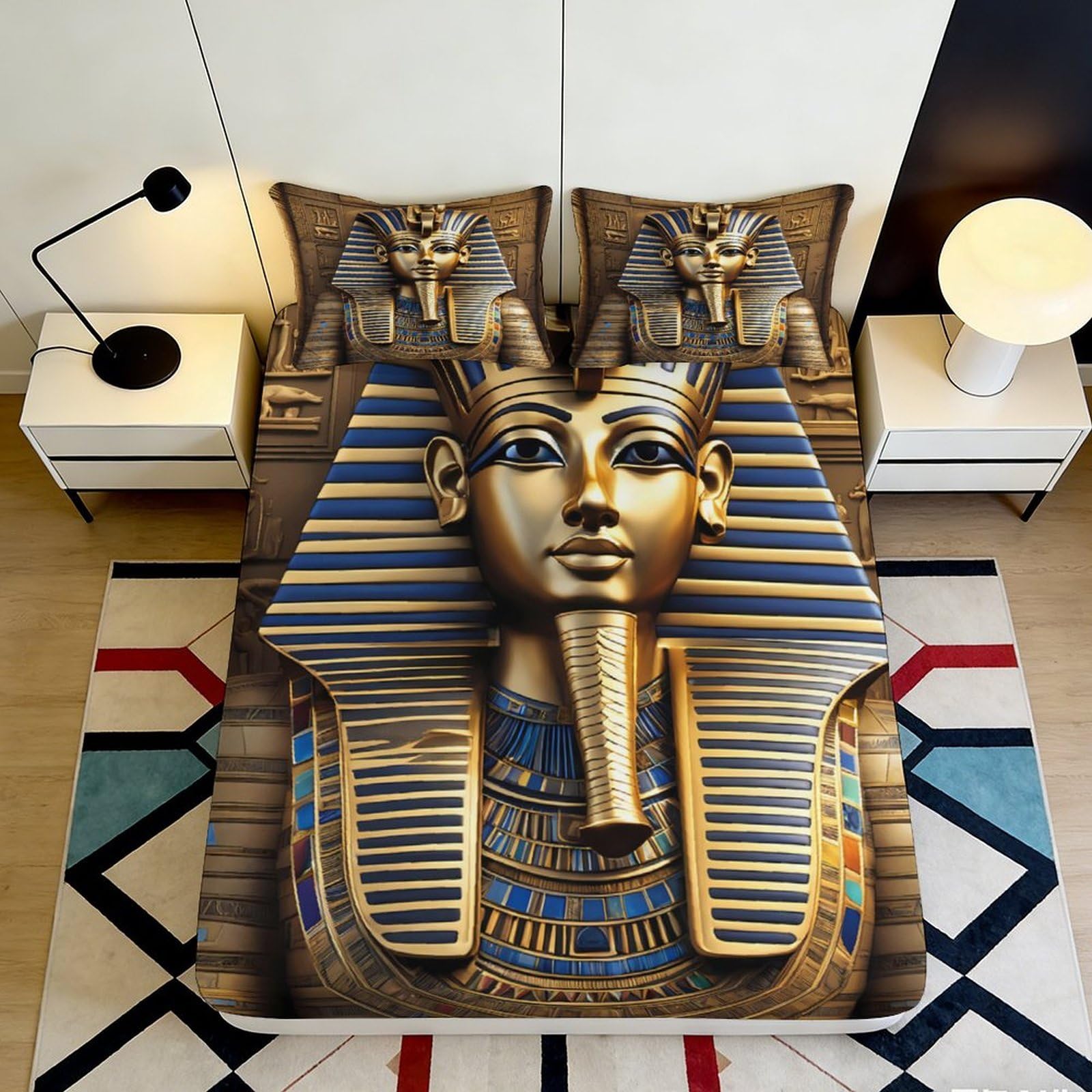 3D Printed Pharaoh Gold Mask Fitted Sheet Microfiber Soft Breathable Egyptian Sphinx Mattress Cover for Bedroom Decor 120x200x25cm
