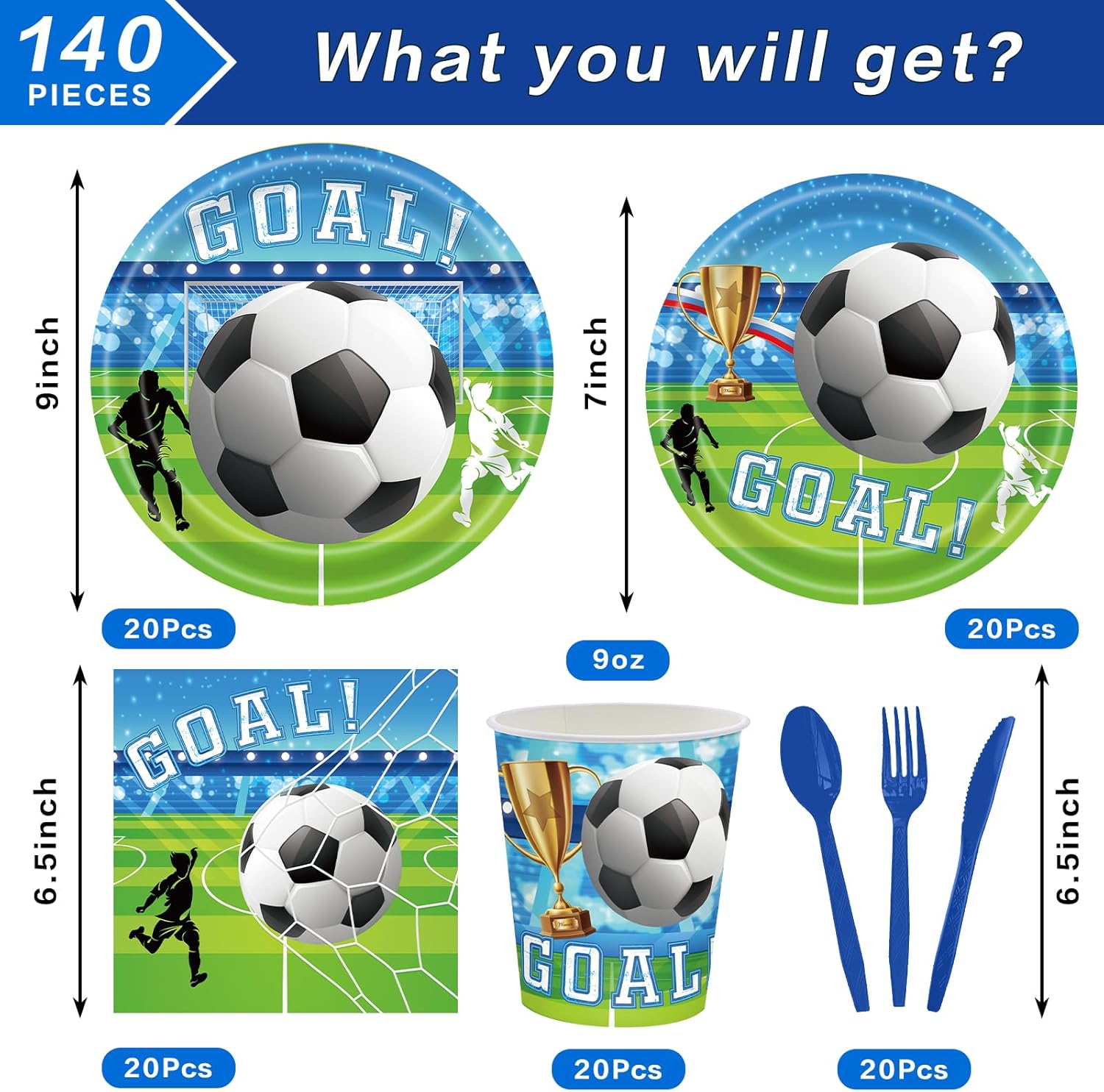 Soccer Party Supplies Set, 140 Pieces for 20 Guests, Tableware and Decorations with Plates, Napkins, Cups, sports Theme Birthday Party Pack Soccer 140Pcs image 2 of 7 B0F8JL7RBX
