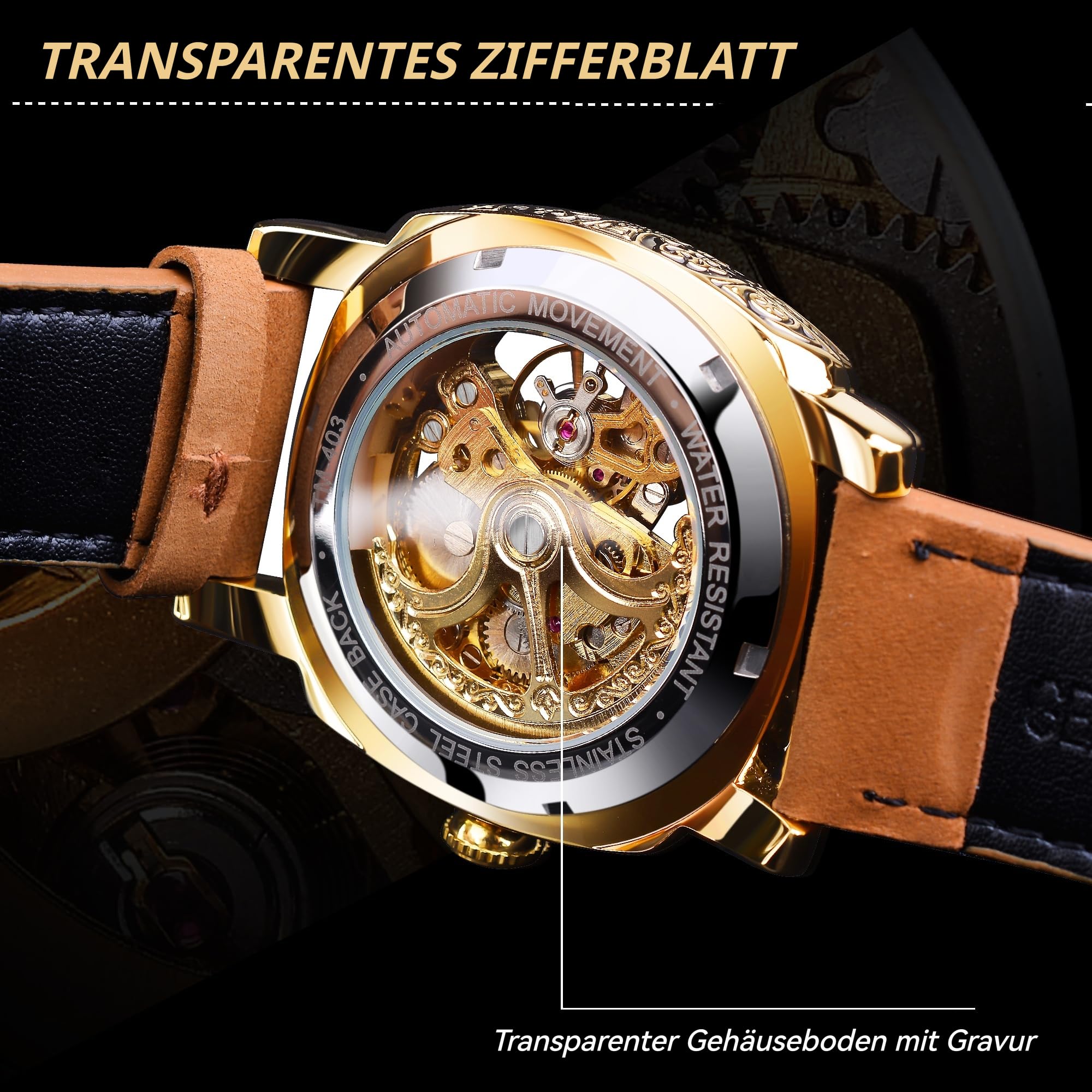 FORSINING Fancy Uhren für Männer, quadratische Retro mechanische Uhr Self-Wind geschnitzt, Gear Uhrwerk Golden Skelett Luxus Automatische Uhren Vintage Lederarmband Armbanduhr