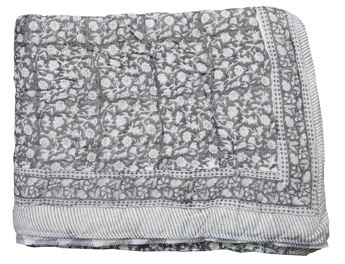 Ethnicfashville Hand Block Print Indian Handmade Queen Size Light Weight in Side Doctor Cotton Razai Quilt Throw Ethnic Coverlet Blanket Elephant Printed
