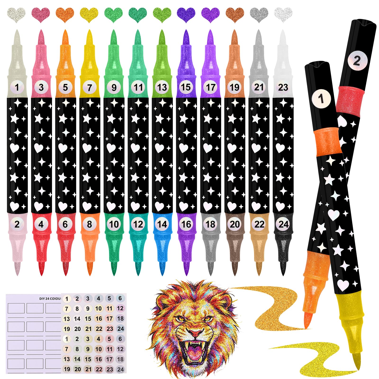 Gelanty Glitter Pens, Dual Colors Glitter Markers, Glitter Pens for adults, 12 PCS 24 Coolors Metallic Sparkle Markers for Cards, DIY Crafts, Doodle, Writing, Adults Coloring Books