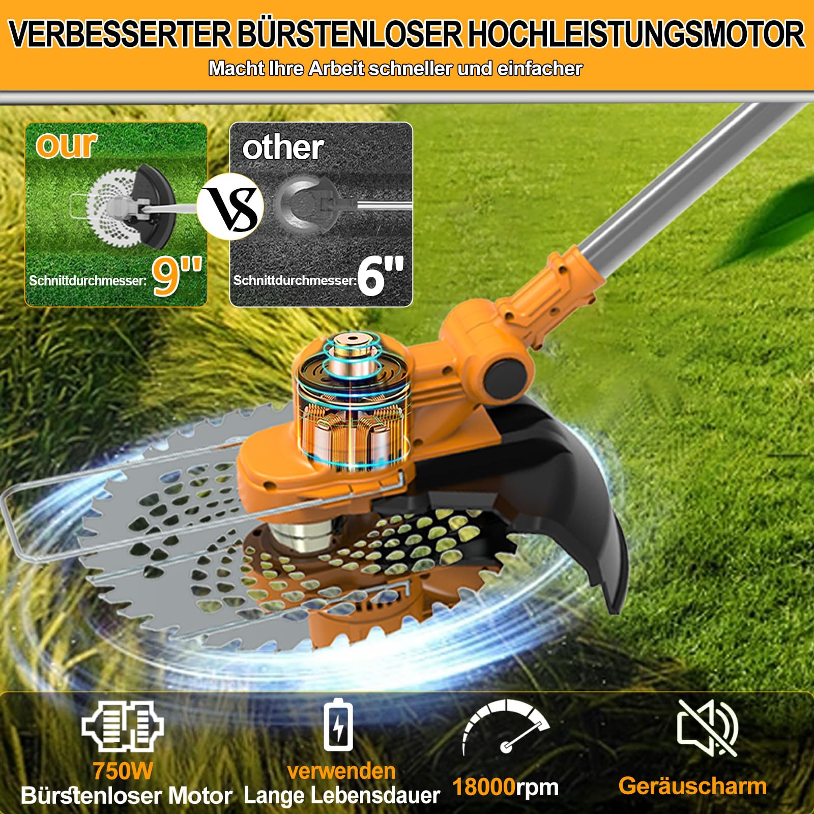 Rasentrimmer mit Akku, 4 in 1 Rasentrimmer mit Unkrautbürste 21V Bürstenloser Freischneider Akku, Teleskop, Verstellbarer, für Garden Trimmen, Orange
