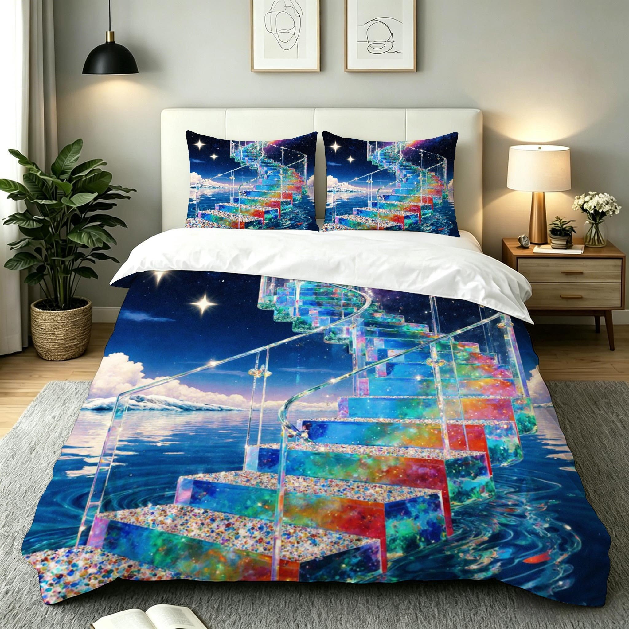 Ensemble de literie 160x200 en microfibre douce et chic motif escalier bleu AW7029