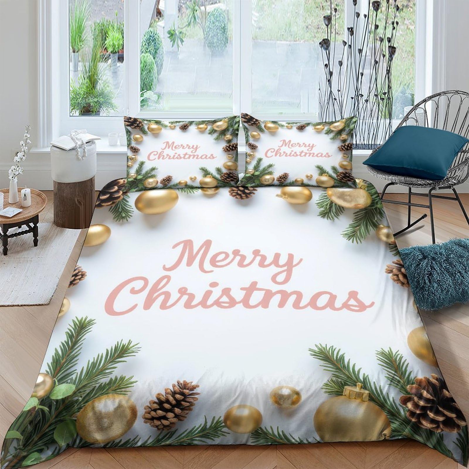 GPLZQXKJNH 3D Printed Christmas Pine Cone Duvet Cover Set Microfiber Soft Breathable Gold Ornament Bedding with 2 Pillowcases for Bedroom Home Single（135x200cm）