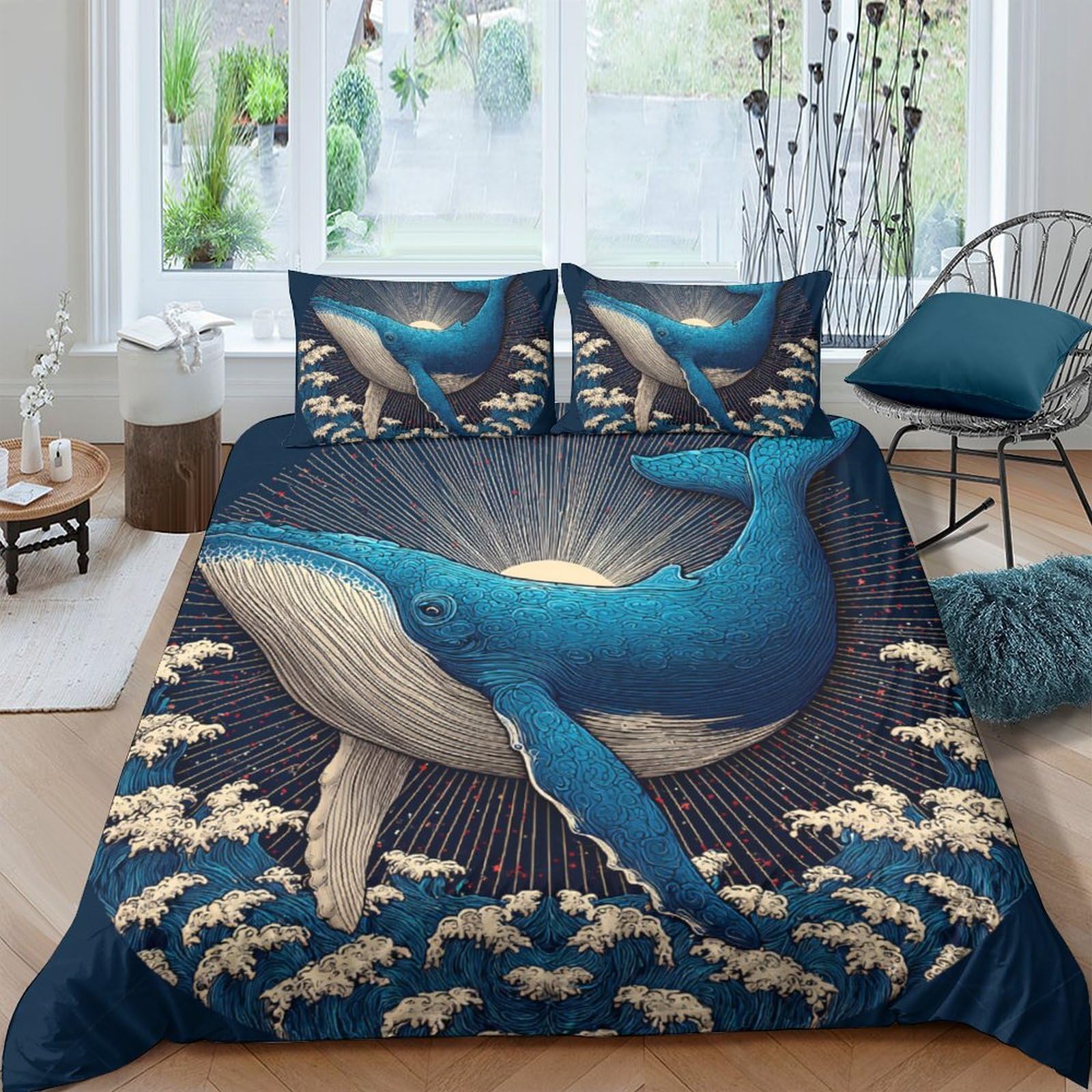 Ctjqhvkz Style-7 3D Printed Ocean Whale Fitted Sheet Microfiber Soft Blue Sea Waves Bed Cover For Bedroom Guest Room Decor Single（135X200cm）