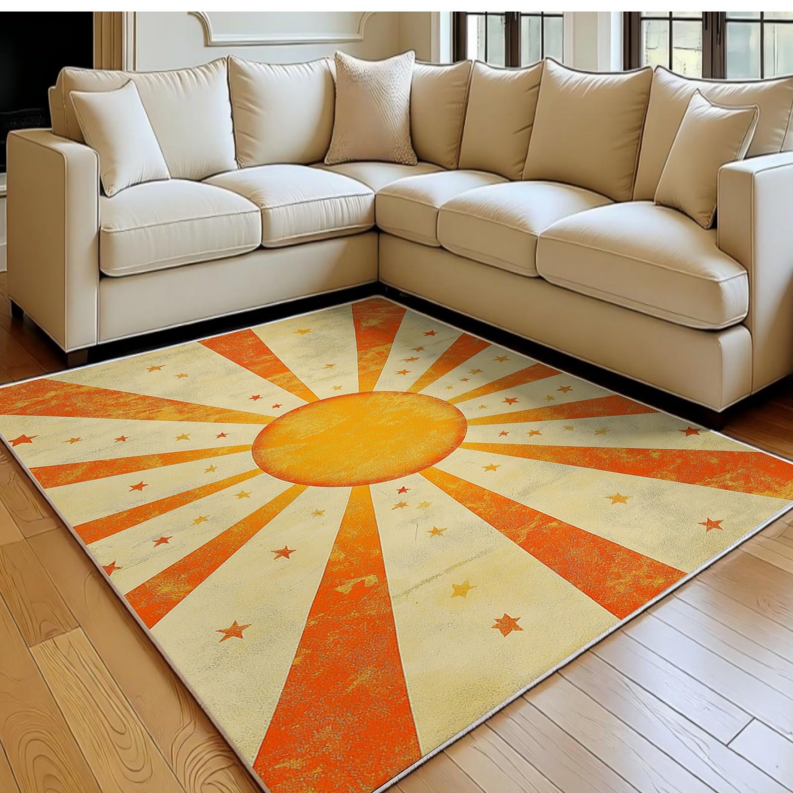 Tapis 160 x 230 cm antidérapant pour sécuriser le salon avec un style soleil orange