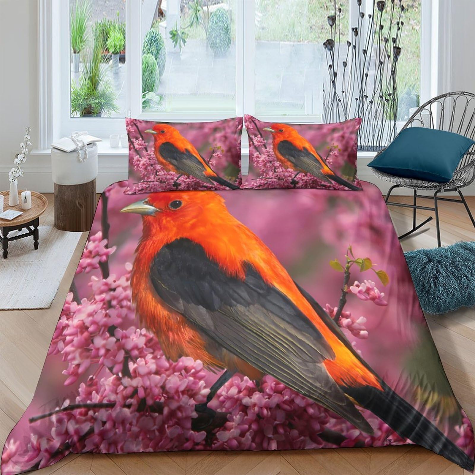 Ctjqhvkz Style-1 3D Printed Scarlet Bird Fitted Sheet Microfiber Soft Floral Blossom Mattress Cover For Bedroom Guest Room Decor Single（135X200cm）
