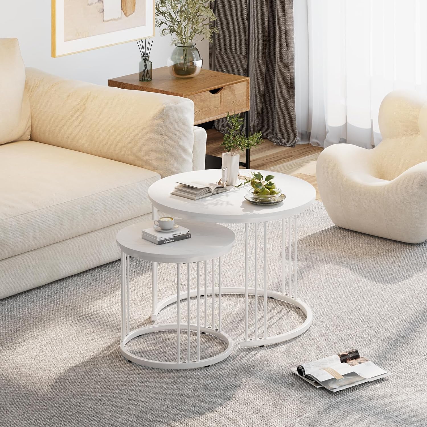 Garden 4 you Couchtisch Rund, Satztisch 2er Set, Wohnzimmertisch Modern, Couchtisch aus Holz, Beistelltisch Set Rund, Kaffeetisch, Sofatisch, Tischkombination fürs Wohnzimmer Büro Balkon (Weiß)