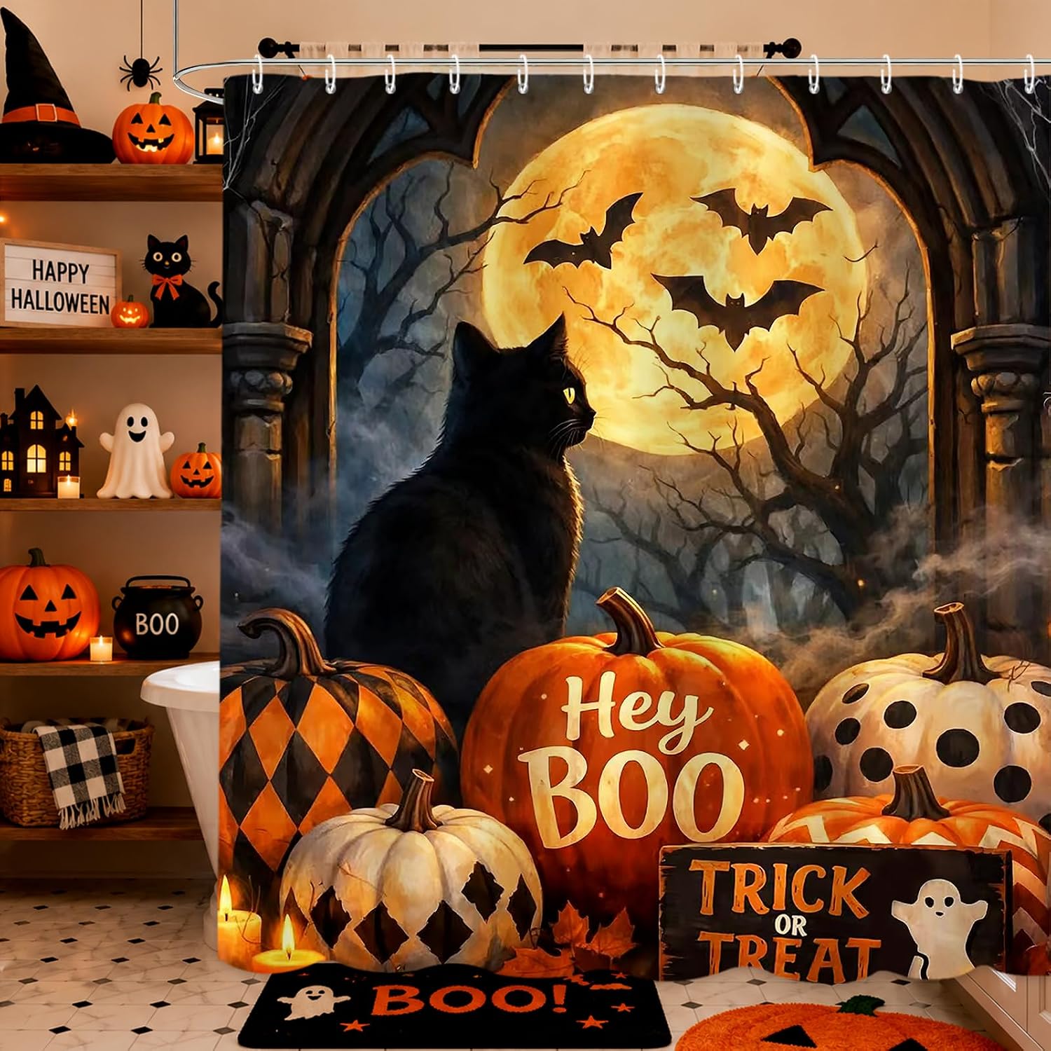 Boo Black Cat Pumpkins Halloween Shower Curtain, Trick Or Treat Shower Curtain Sets,Waterproof Fabric Curtain for Bathroom Decor with 12 Hooks,72 x 72 Inch