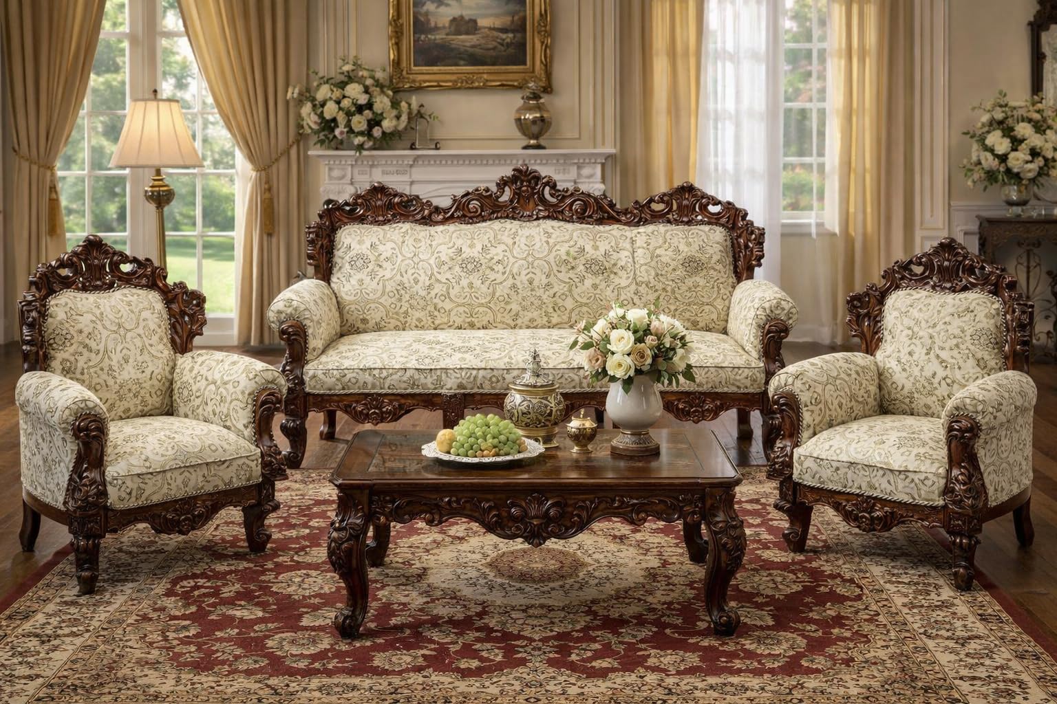 Luxury Antique Sofa Set in a Classic Living Room Setting Solid Teak Wooden Five Seater Sofa Set with Cushion for Living Room | Honey Brown Finish | 208D x 76W x 119H cm (Design11)-image-42