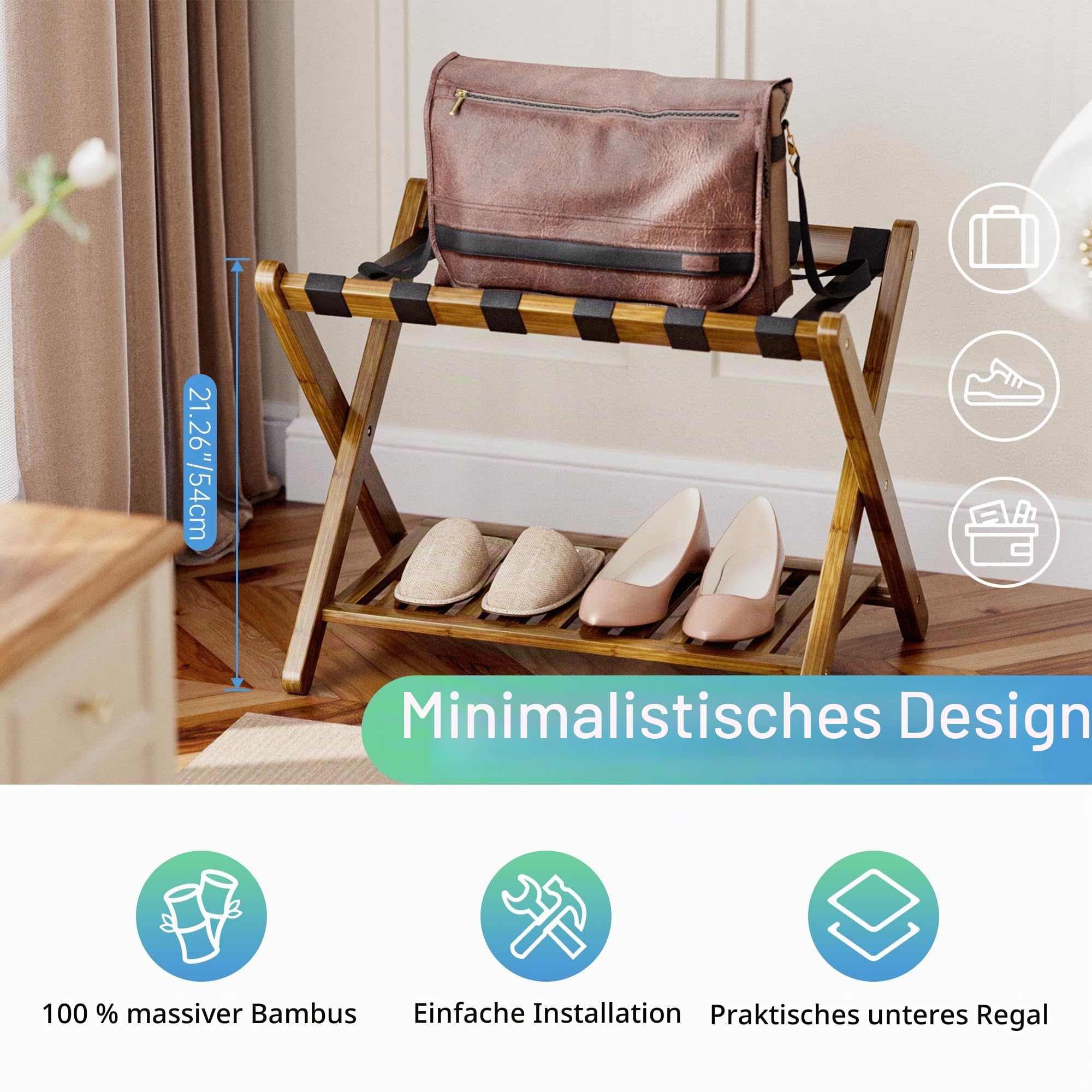 SMIBUY Gepäckablage, 2er-Set, faltbarer Kofferständer aus Bambus mit Ablage für Gästezimmer, Schlafzimmer, Hotel, Heavy-Duty (Walnussfarben)