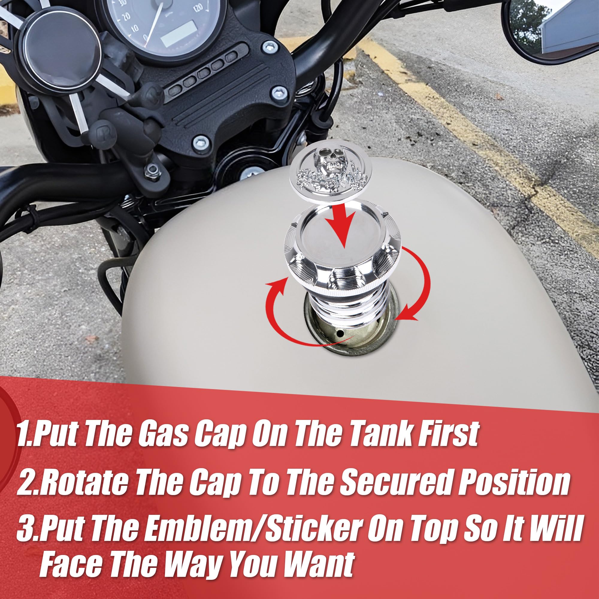 Goldfire CNC Aluminum Skull Gas Cap For Harley Sportster & Dyna - Chrome With Black Eyes - View #9