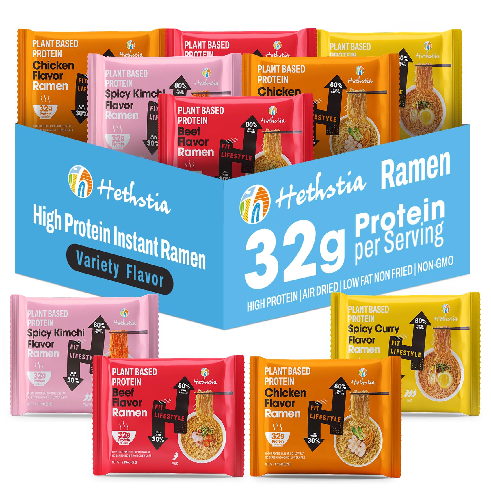 Hethstia High-Protein Ramen Variety Pack (Chicken, Beef, Spicy Kimchi, Spicy Curry), 6-Pack Instant Ramen Noodle Soup, 32g Plant-Based Protein, Vegan, Non-GMO, Low Fat, Pre-Packaged Quick Meal
