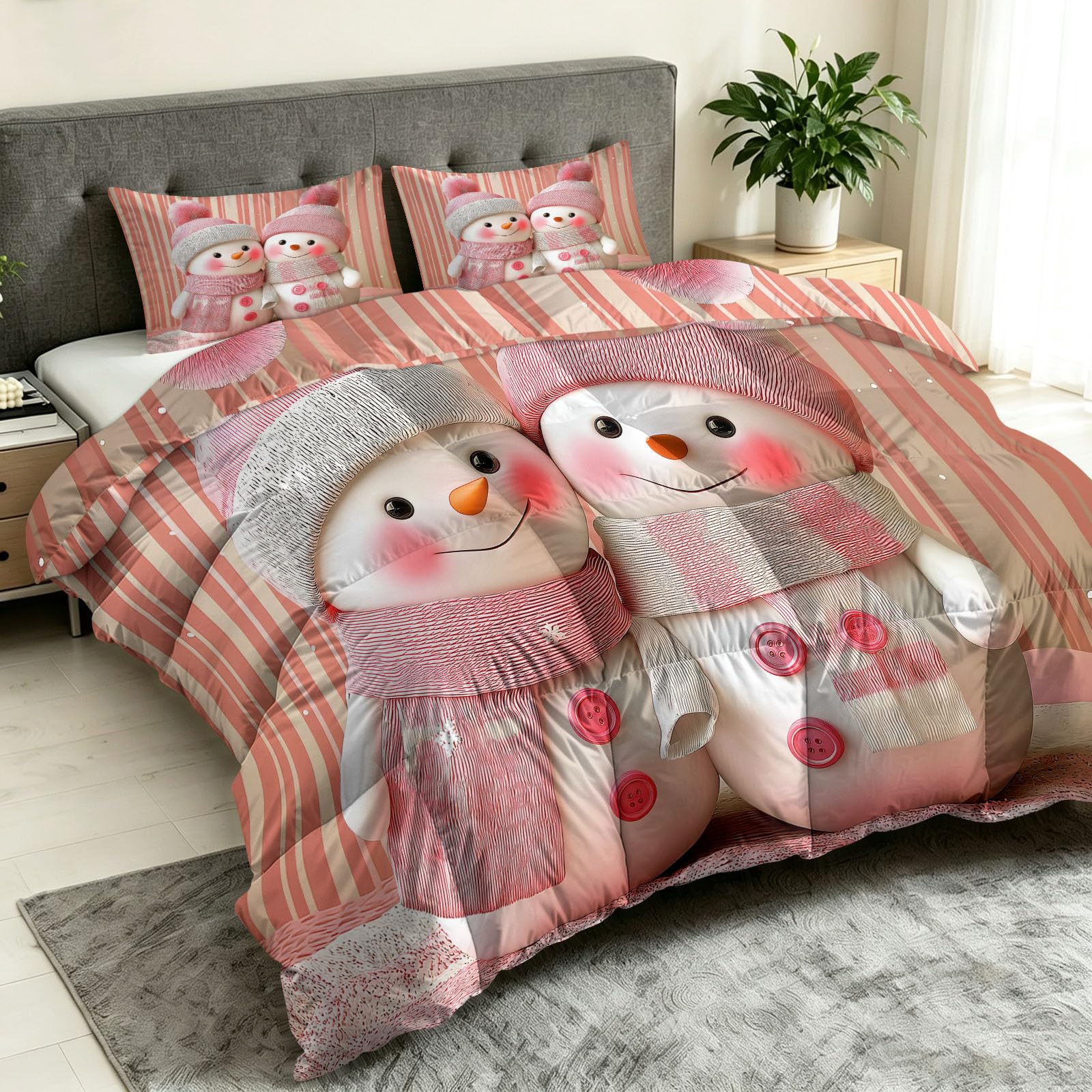 Kołdra 200 x 200 cm Bałwan Szalik w paski, kołdra dla 2 osób, nadaje się do prania, 4 pory roku, Boże Narodzenie kreskówka, miękka i hipoalergiczna, dwustronna bez rękawów, z 2 poszewkami na poduszki