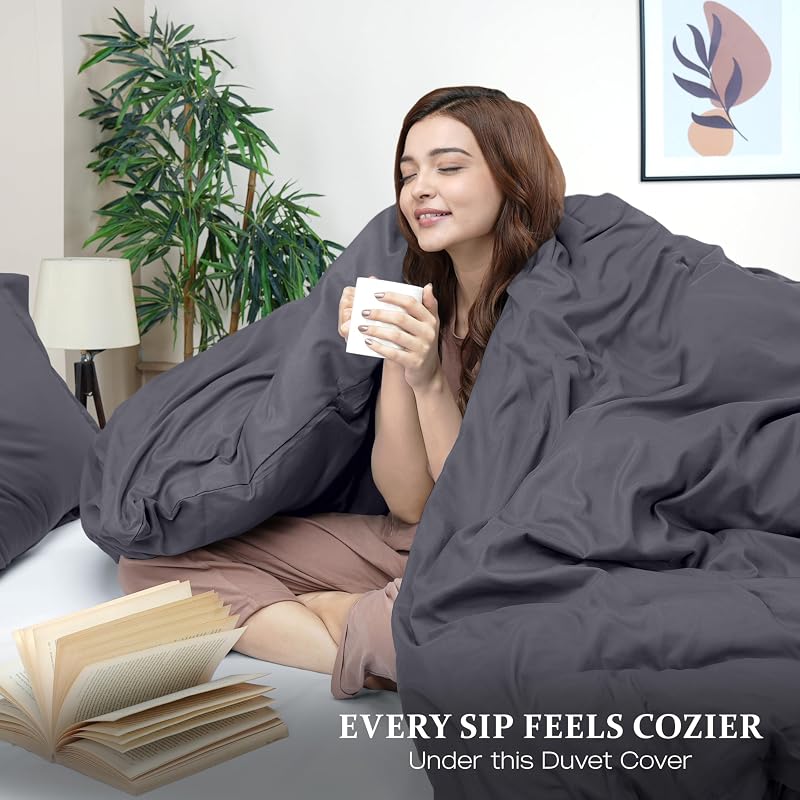 Duvet Cover Queen, 3 Piece Cotton Like Polyester with Zipper Closure, Grey image 3
