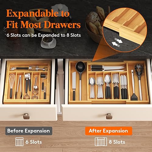 Miniatura 8 de Lifewit Organizador de cajones de cubiertos, bandeja expandible para utensilios de cocina, cubiertos de bambú y soporte para cubiertos,