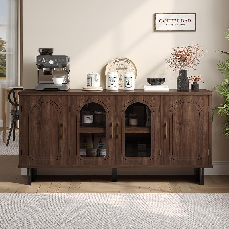 Bestier 59" Mid-Century TV Stand with Arched Glass Doors, Walnut image 6