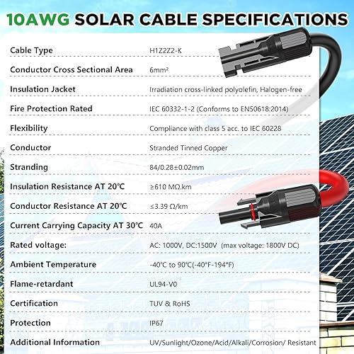 Miniatura 7 de Oududianzi Cable de extensión solar de 30 pies 10 AWG, cable solar, cable fotovoltaico de cobre estañado calibre 10, cables de panel solar con