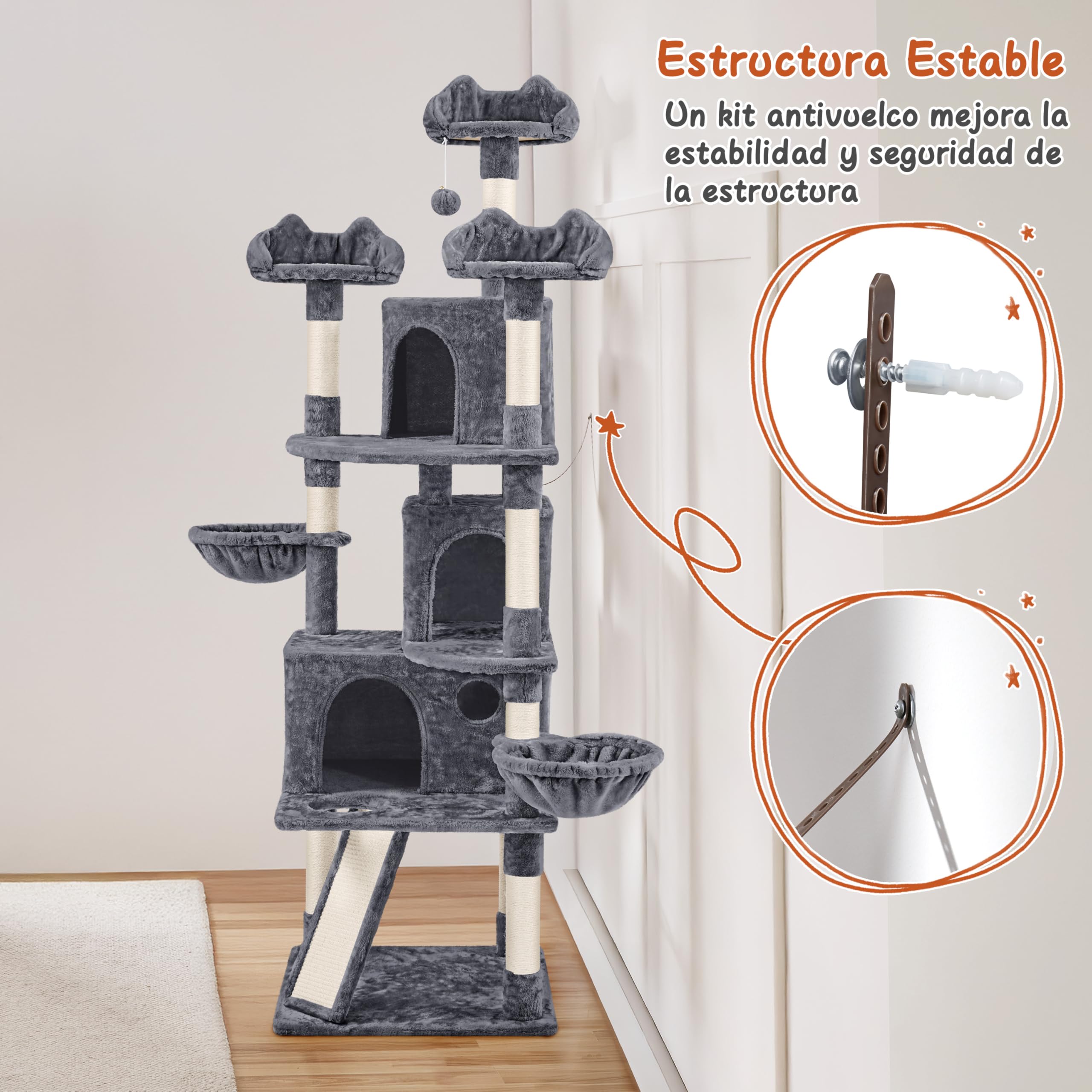 Yaheetech Árbol Rascador para Gatos Torre Escalador para 1-3 Gatos Medianos Rascador Postes con Plataforma 55,5x55,5x194 cm Gris Oscuro