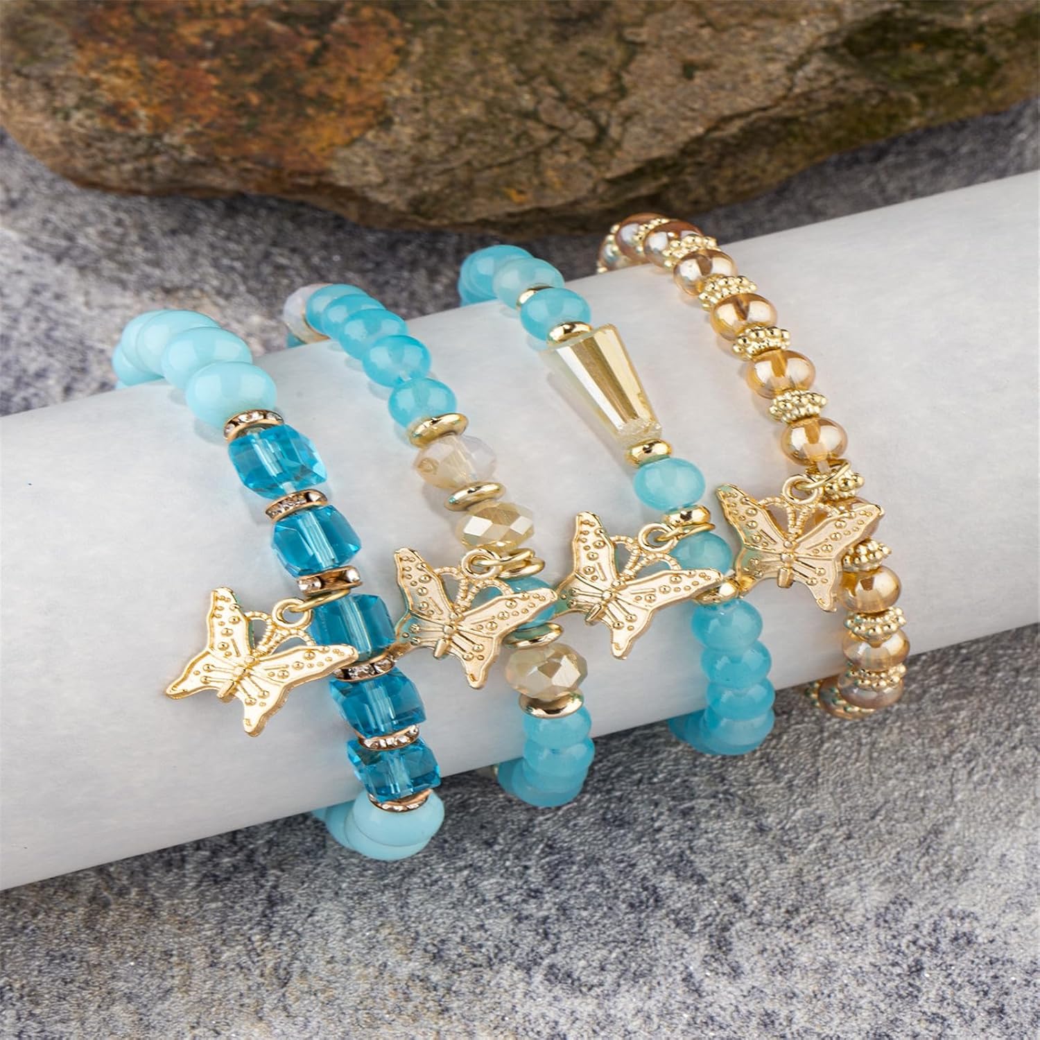 4Pcs Set Bohemian Butterfly Crystal Stone Stretch Pendant Bracelets for Women Gold Beaded Stackable Stretch Bracelet Colorful Charm Jewelry Boho Summer Beach - Image 2