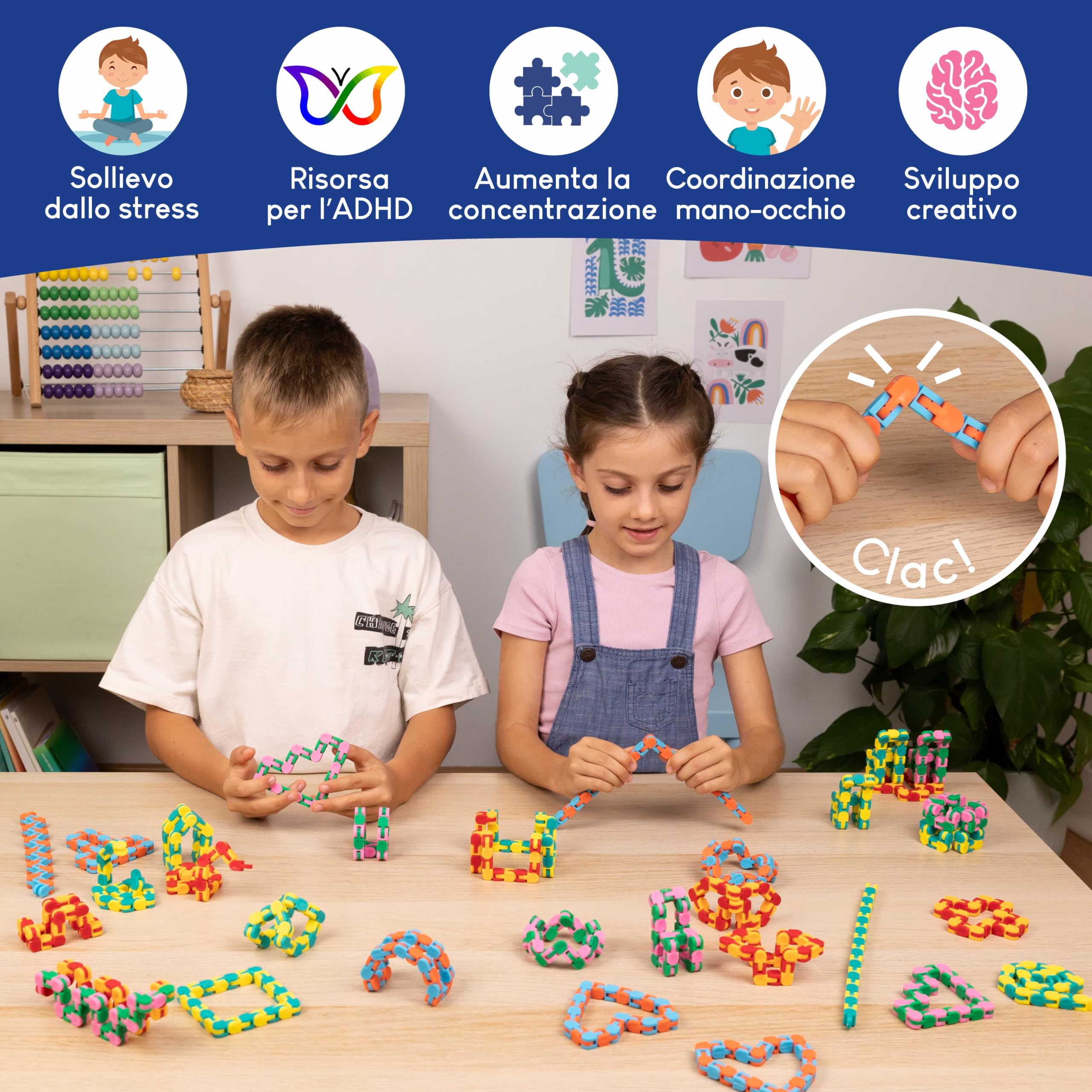 BONNYCO Wacky Tracks Confezione da 40 Catene Click 27 cm Antistress per Bambini 3-12 Anni. Gadget Compleanno Bambini, Fidget Toys, Regalini di Classe e Giochi Sensoriali Autismo