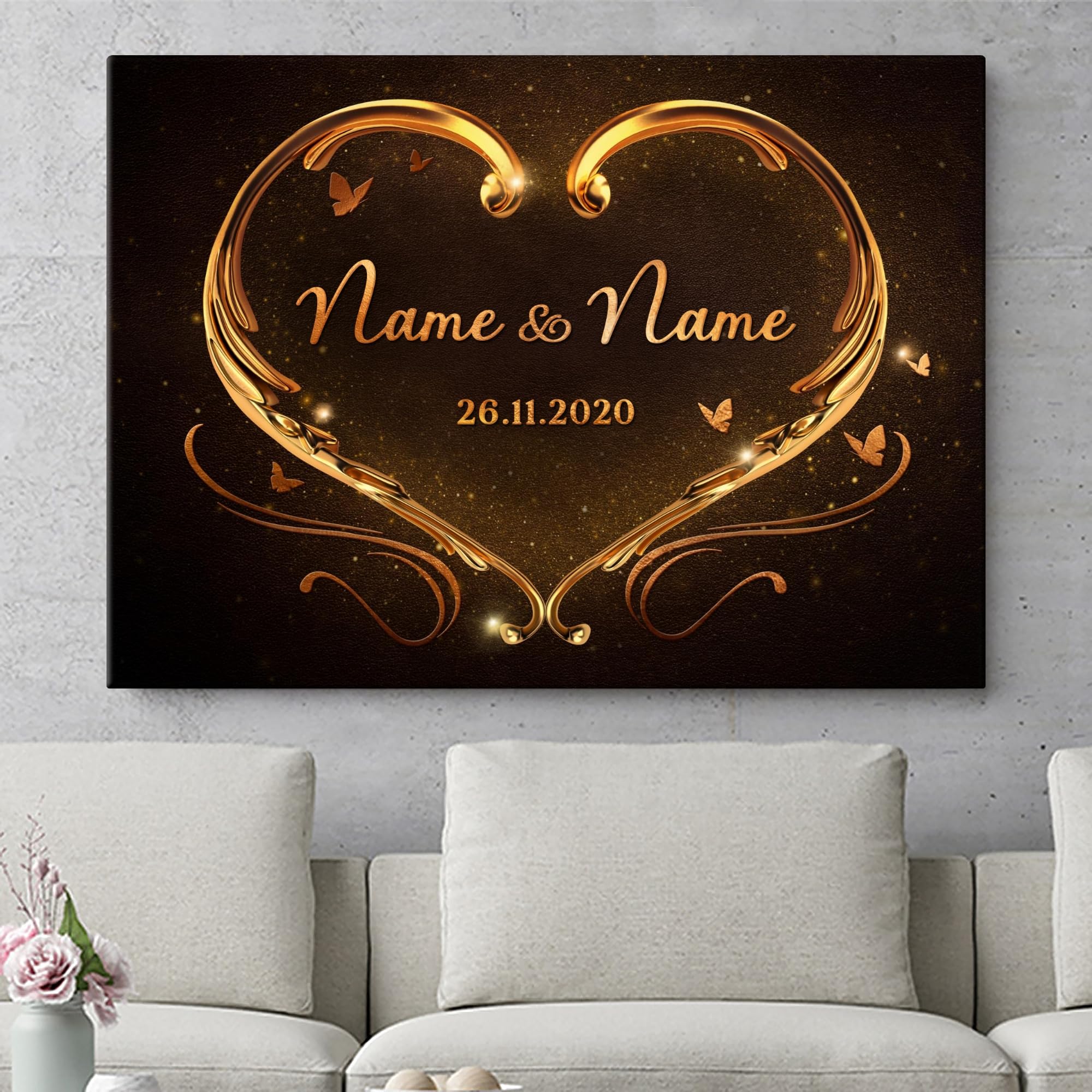 Liebesleinwand | Leinwand mit Namen und Datum | Wandbild gestalten, Jahrestag Geschenk für Frauen und Männer | Goldenes Herz