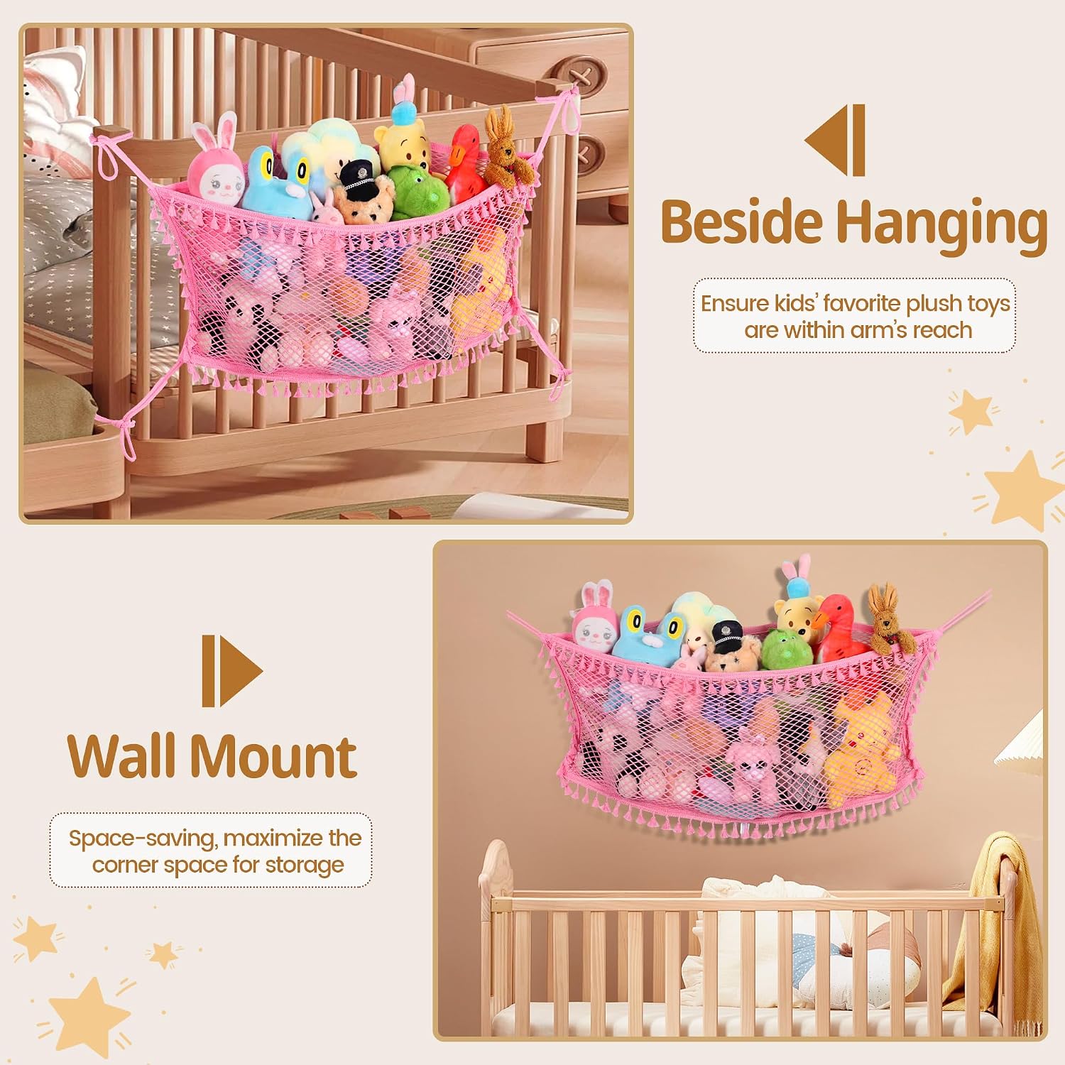 Stuffed Animal Storage Net, Large Bedside Toy Organizer Net, Cotton Plushie Toy Storage Hammock with Tether for Stuffed Animals Room Organization (Pink, 2 Pack)