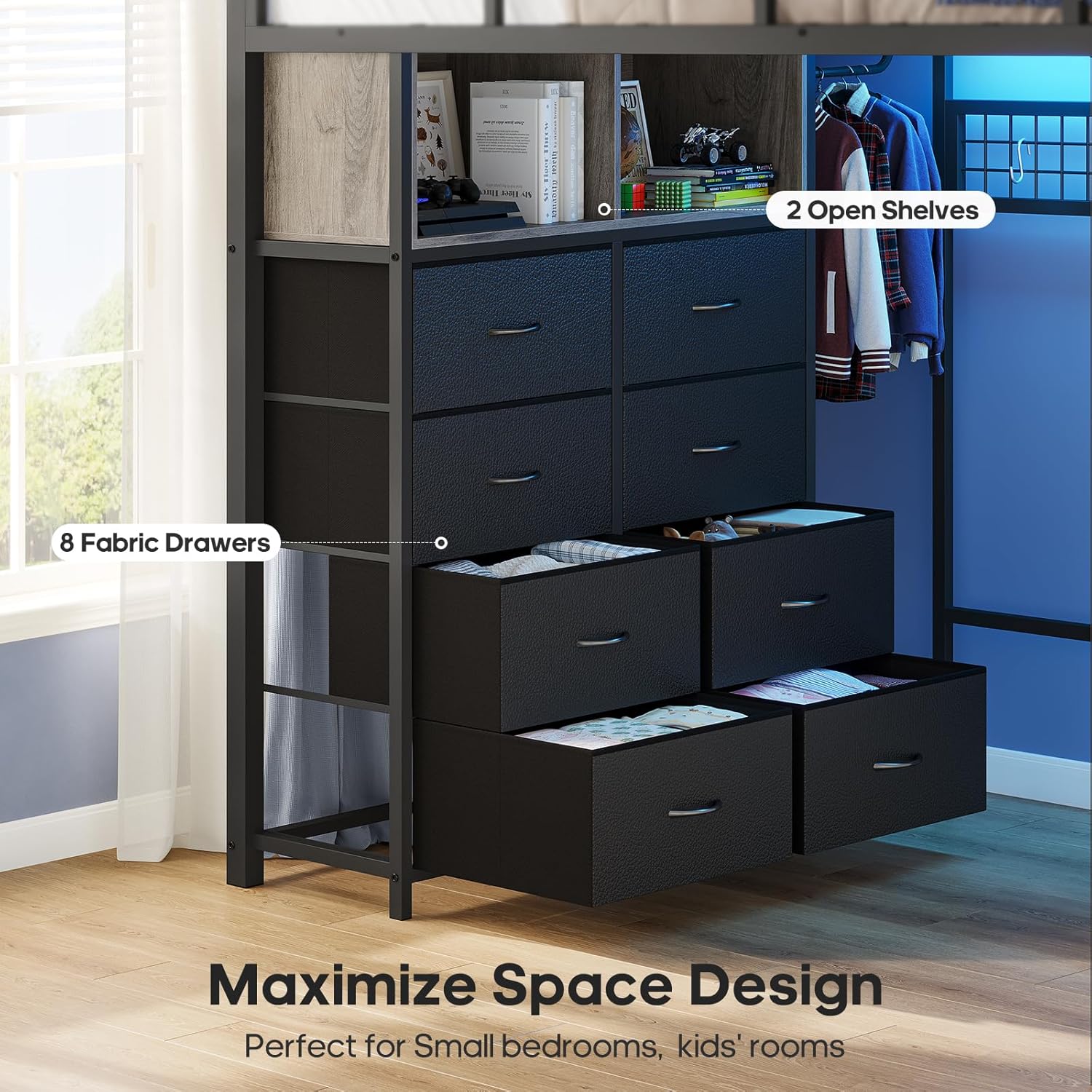 Eight fabric drawers and two open shelves for storage integrated into the loft bed structure