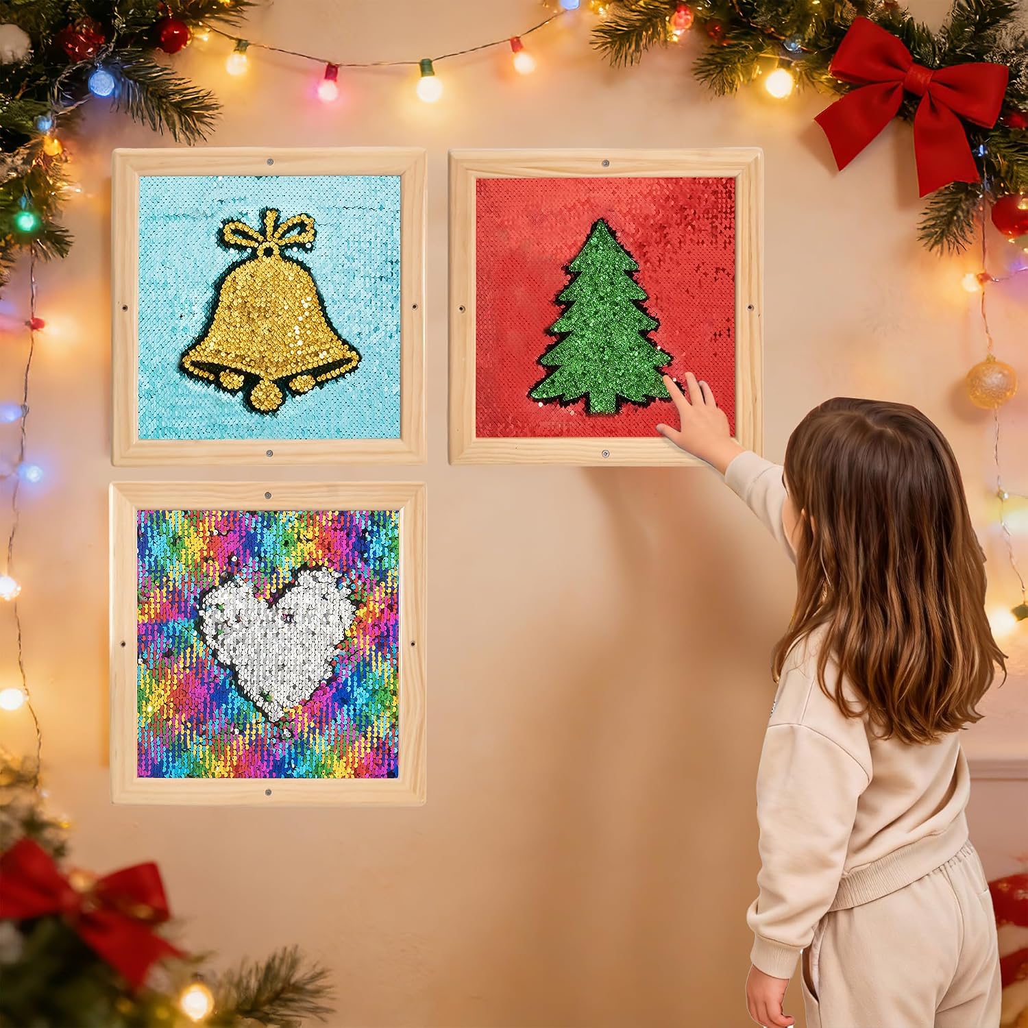 3-Piece Square Double-Sided Sequin Panels - Interactive Sensory Wall Décor for Kids, Wooden Frame Reversible Sequin Fabric for Multi-Sensory Rooms, Autism Classrooms, and Therapy Play