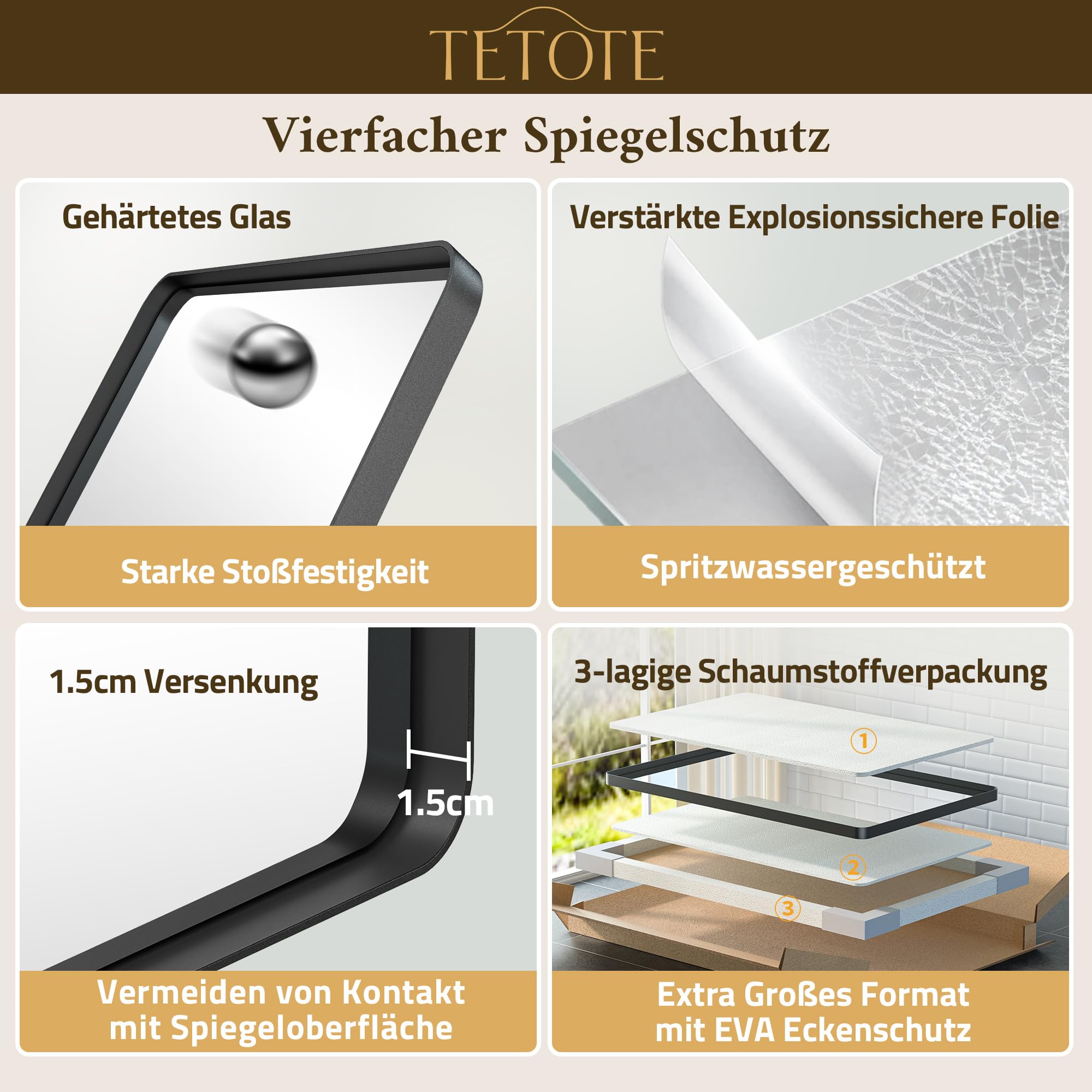 TETOTE 50x75cm Wandspiegel Schwarz Ohne Beleuchtung, Rechteckig Badspiegel mit Runder Ecke, Metallrahmen Badezimmer Spiegel für Waschbecken, Gehärtetes Glas Dekorative Spiegel