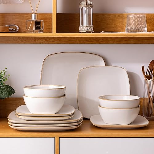 Miniatura 8 de AmorArc Juego de vajilla de cerámica para 4, 12 piezas cuadradas pintadas a mano, juego de platos y cuencos de cerámica resistentes a las astillas y