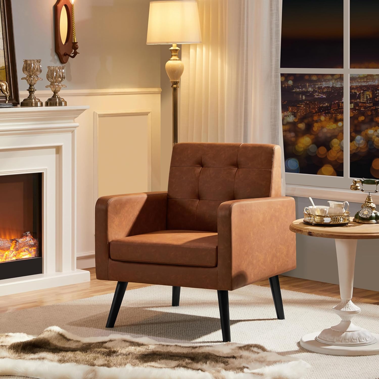 A single Yaheetech Mid-Century Accent Chair in a cozy living room setting next to a fireplace