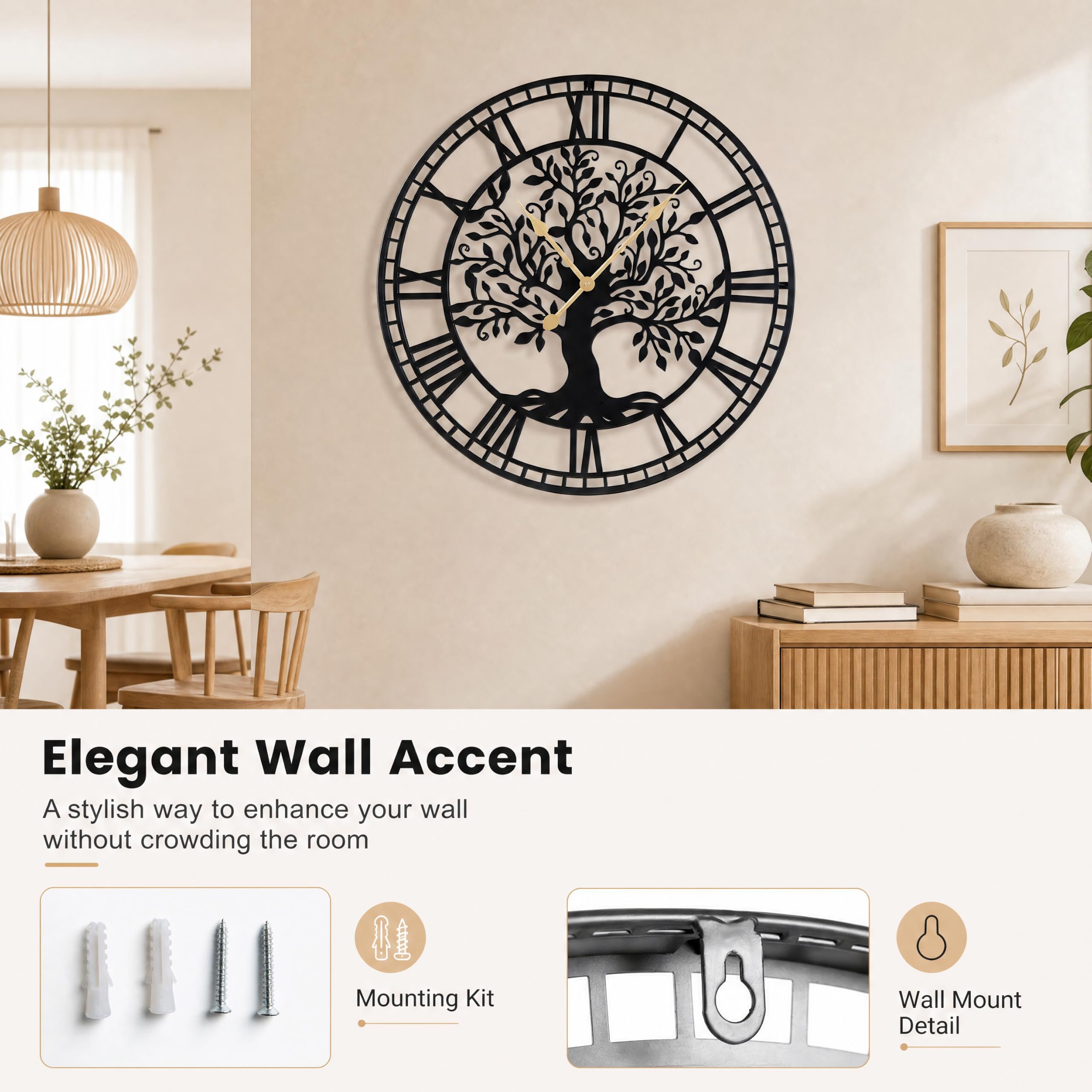LIFEZEAL Große Wanduhr, leise, 68 cm, Wanduhr im modernen Design, Baum des Lebens, aus Metall, Pendel ohne Ticken, batteriebetrieben, Wanddekoration für Wohnzimmer, Schlafzimmer, Büro (Stil 1)