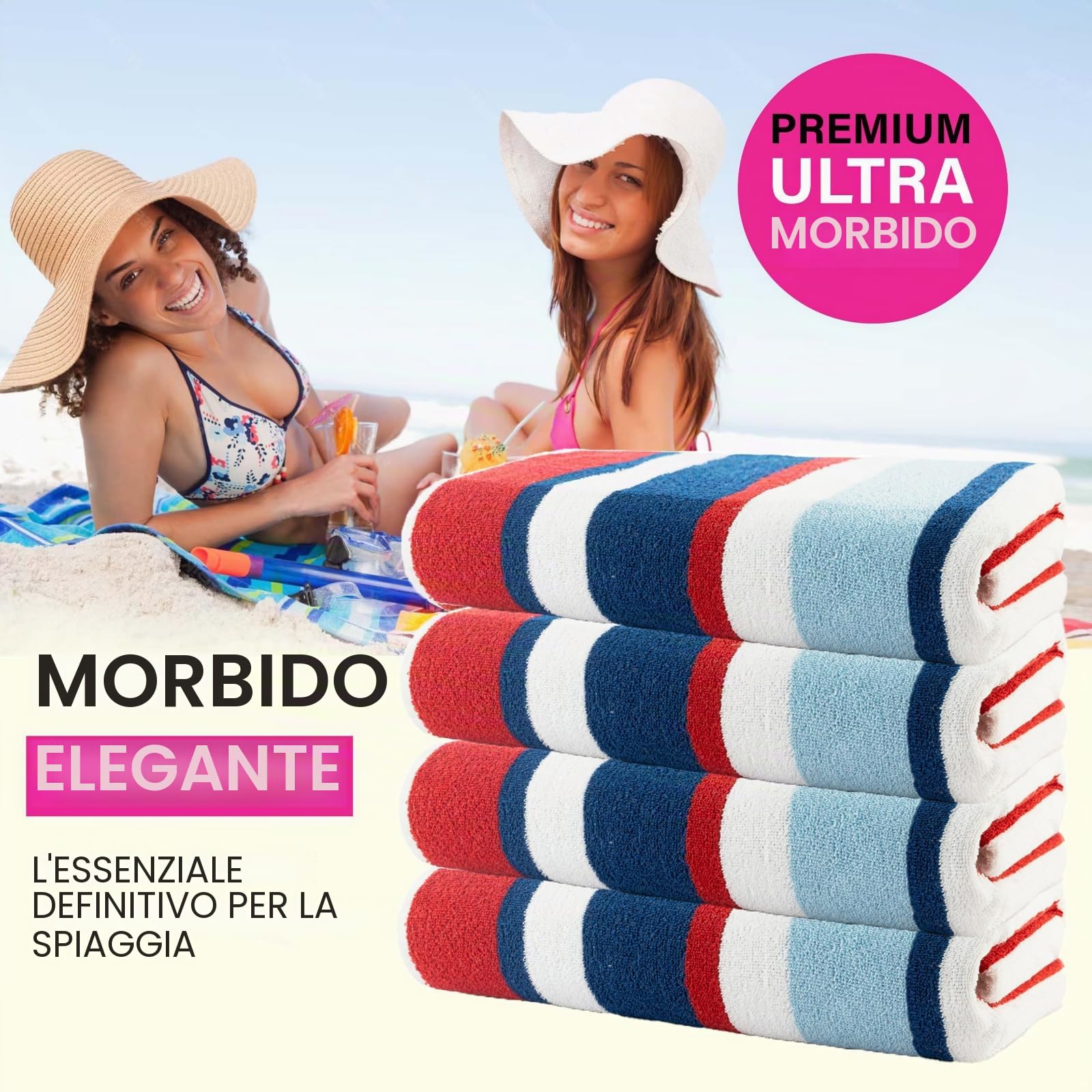 CASA COPENHAGEN Teloni mare Bora Bora, progettati in Danimarca, robusti e resistenti, ad asciugatura rapida, per piscina, bagno e doccia, 76 x 152 cm, set di 4 teli in cotone - Rosso