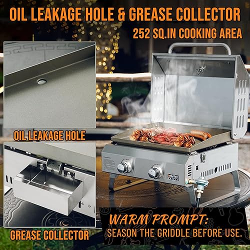 Miniatura 7 de Plancha de gas de mesa con tapa y patas plegables, plancha plana de propano para barbacoa de 2 quemadores, estufa de parrilla portátil para cocinar