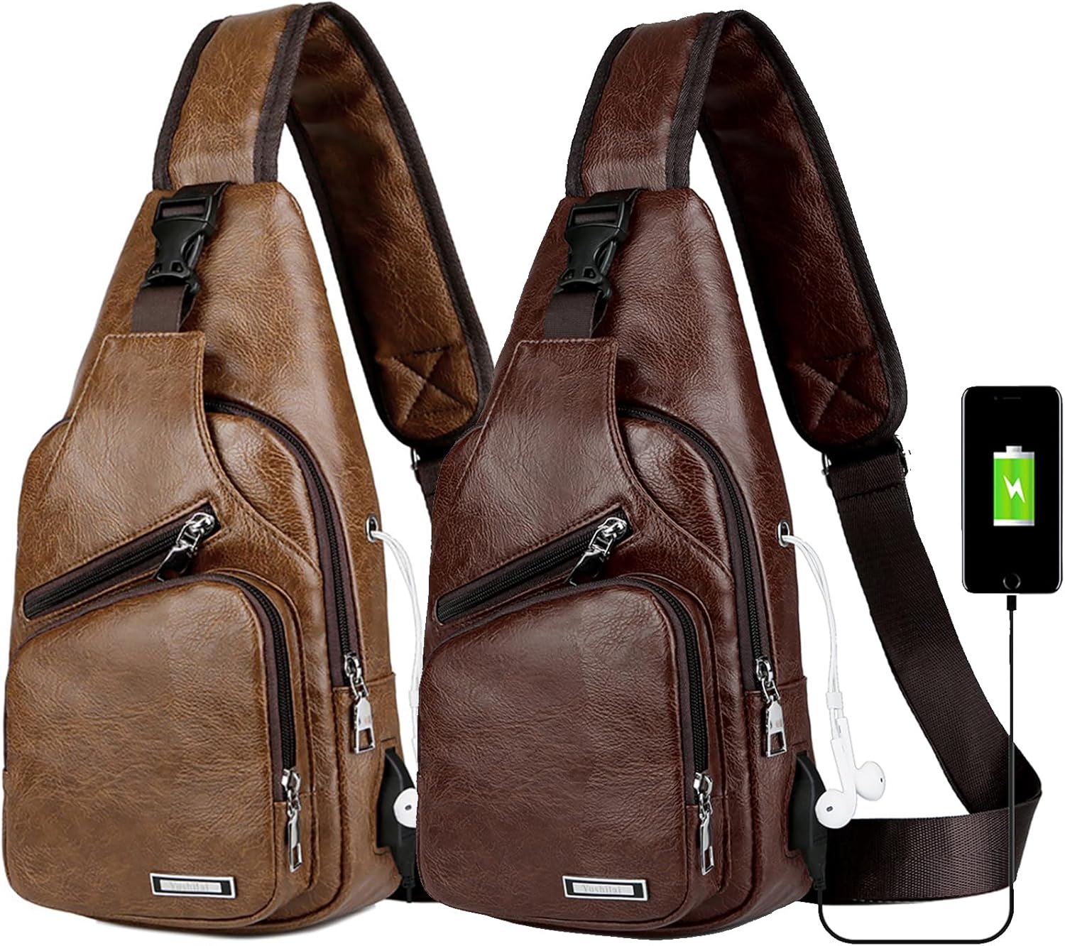 Peicees Pack of 2 Medium Leather Sling Bag Mens Crossbody Bag Chest Bag Sling Backpack for Men with USB Charge Port, Light Brown&Coffee