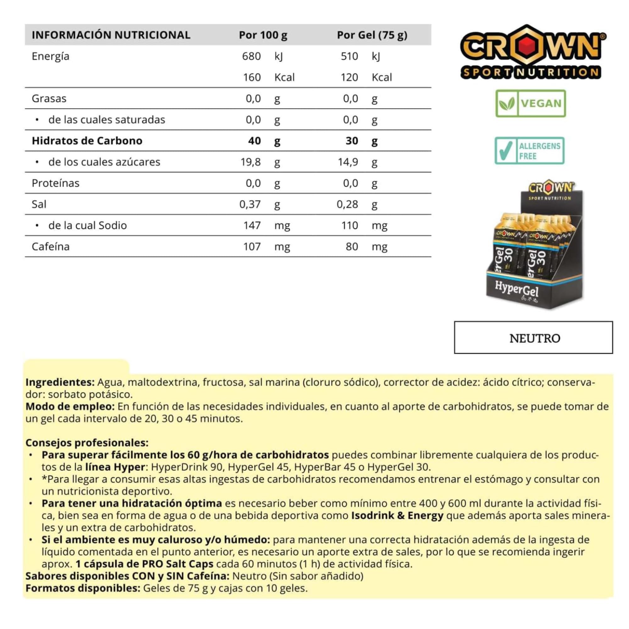 Crown Sport Nutrition HyperGel 30 | Neutro Con Cafeina | Gel Energético Running Ciclismo 30 g Carbohidratos | Ratio 1:0,8 Con Cafeína 80 mg + 110 mg Sodio | Textura Liquida | Sin Aditivos Vegano
