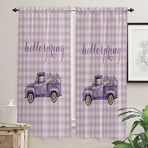 Kitchen Curtains 2 Panels Rod Pocket Tier Curtain Purple Lavender Farm Truck Buffalo Plaid Window Valance,Light Filtering Window Treatment Retro